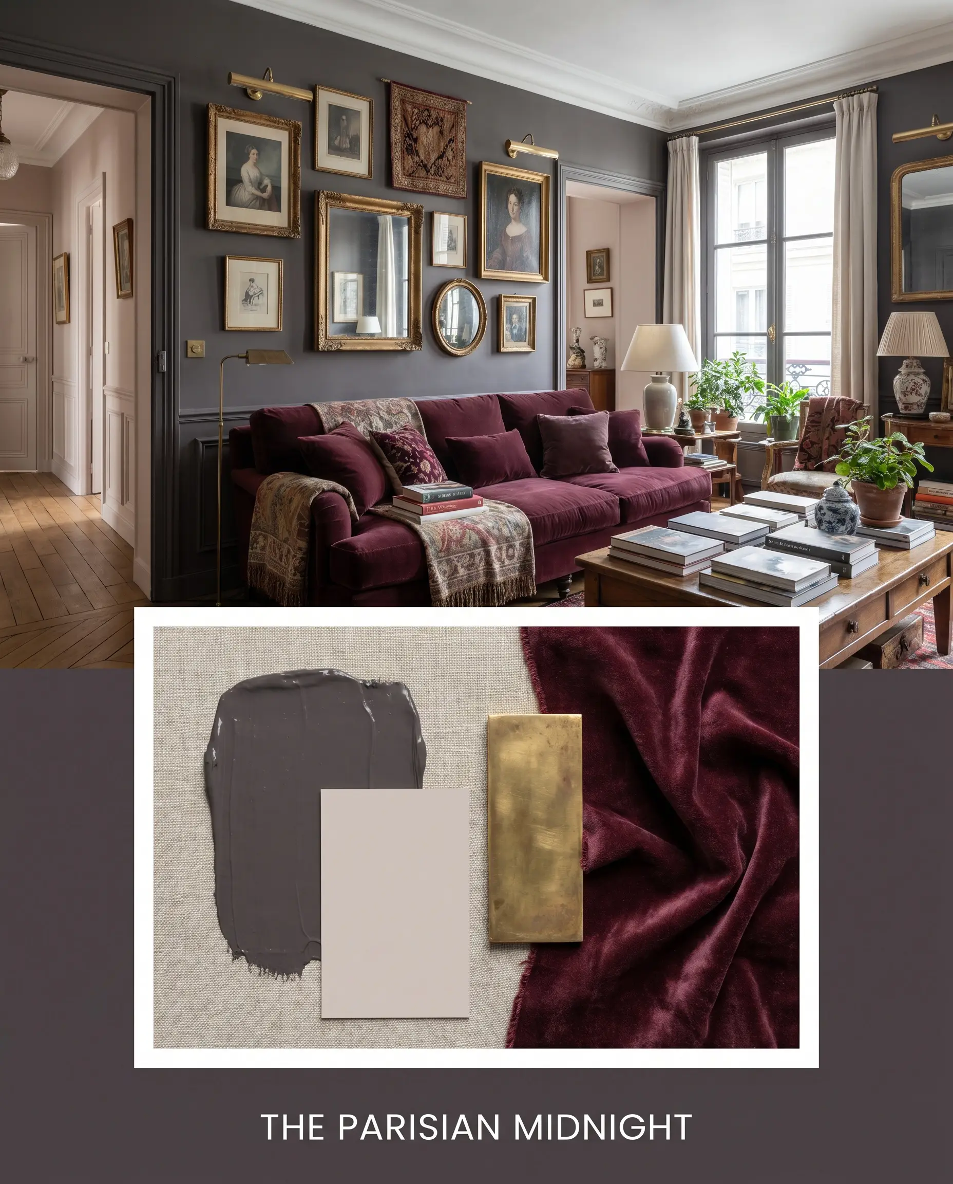 An editorial concept board features a living space painted in Farrow & Ball Paean Black (Hex #484348) above unlacquered brass and crushed mohair samples.