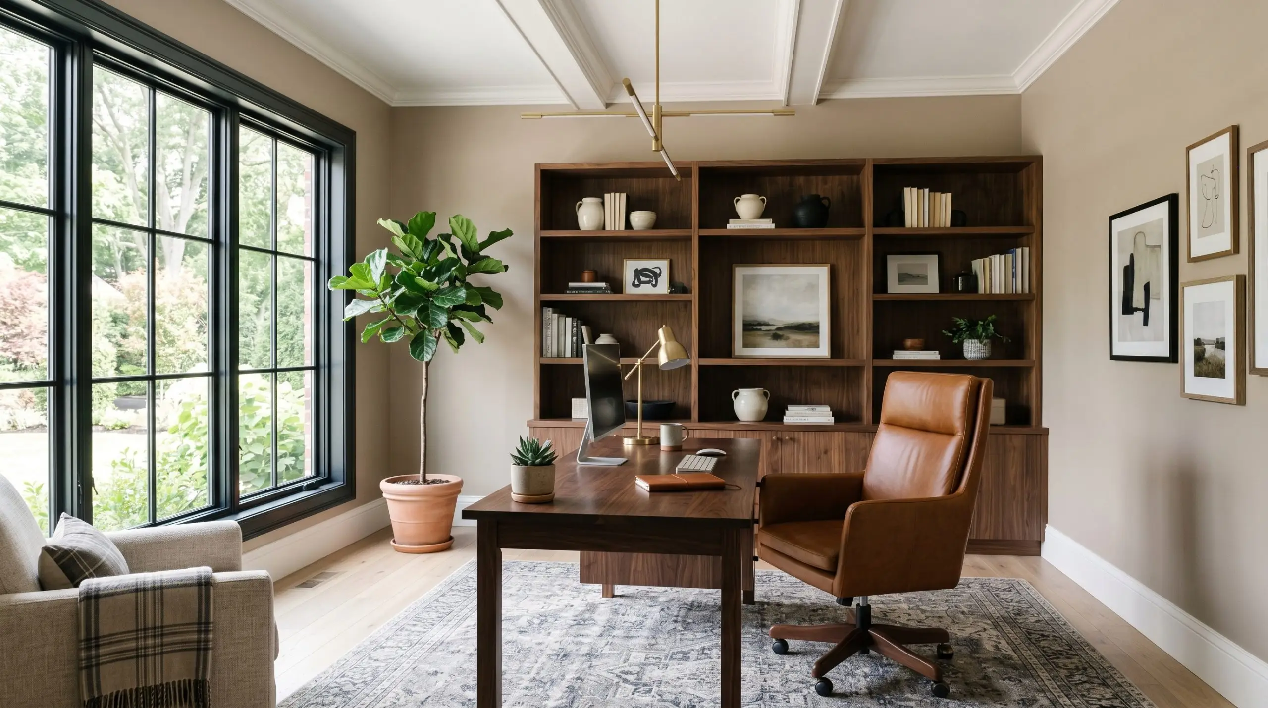 A rich leather desk chair and dark walnut desk anchor a tailored home office featuring modern shelving and taupe-meets-greige walls.