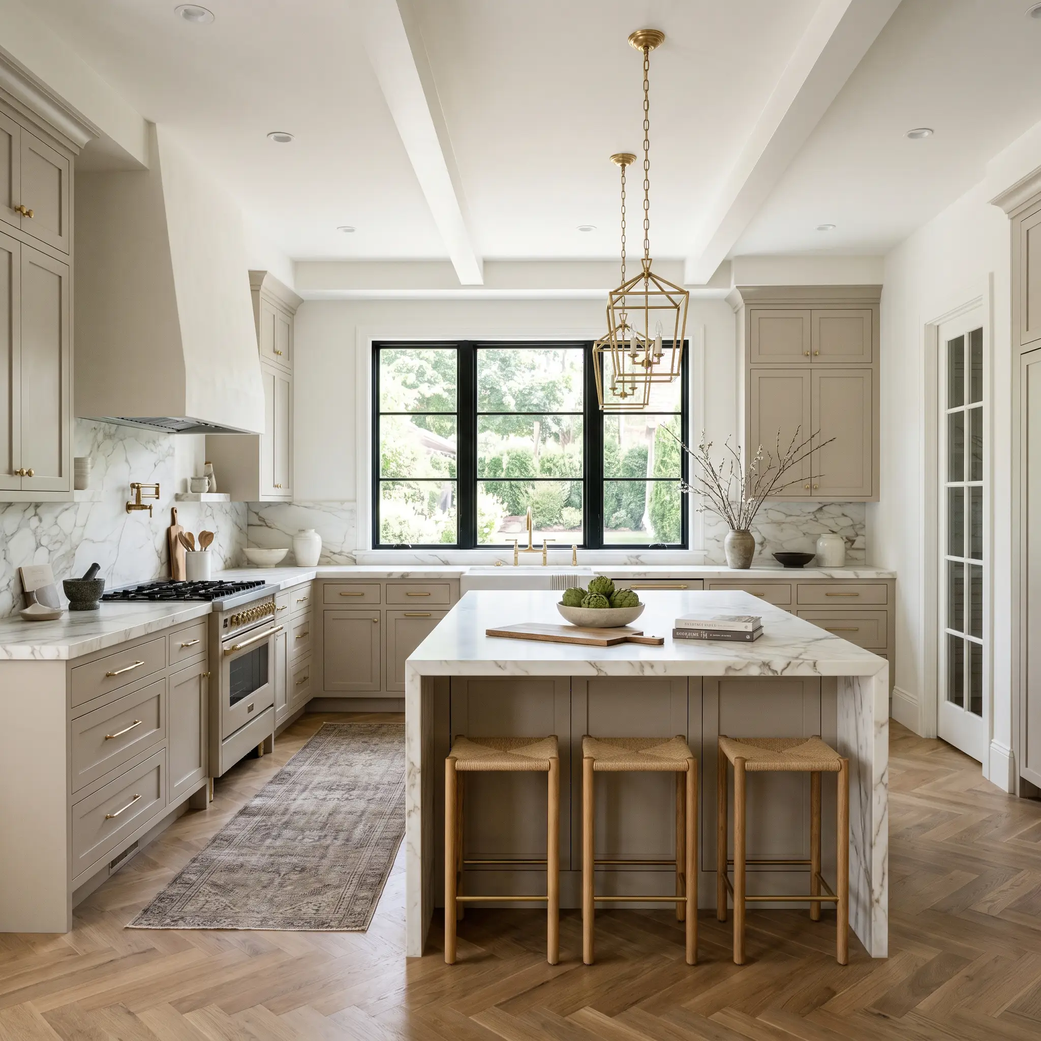 Classic marble countertops and unlacquered brass hardware contrast elegantly against transitional kitchen cabinetry painted in a taupe-meets-greige complex neutral.