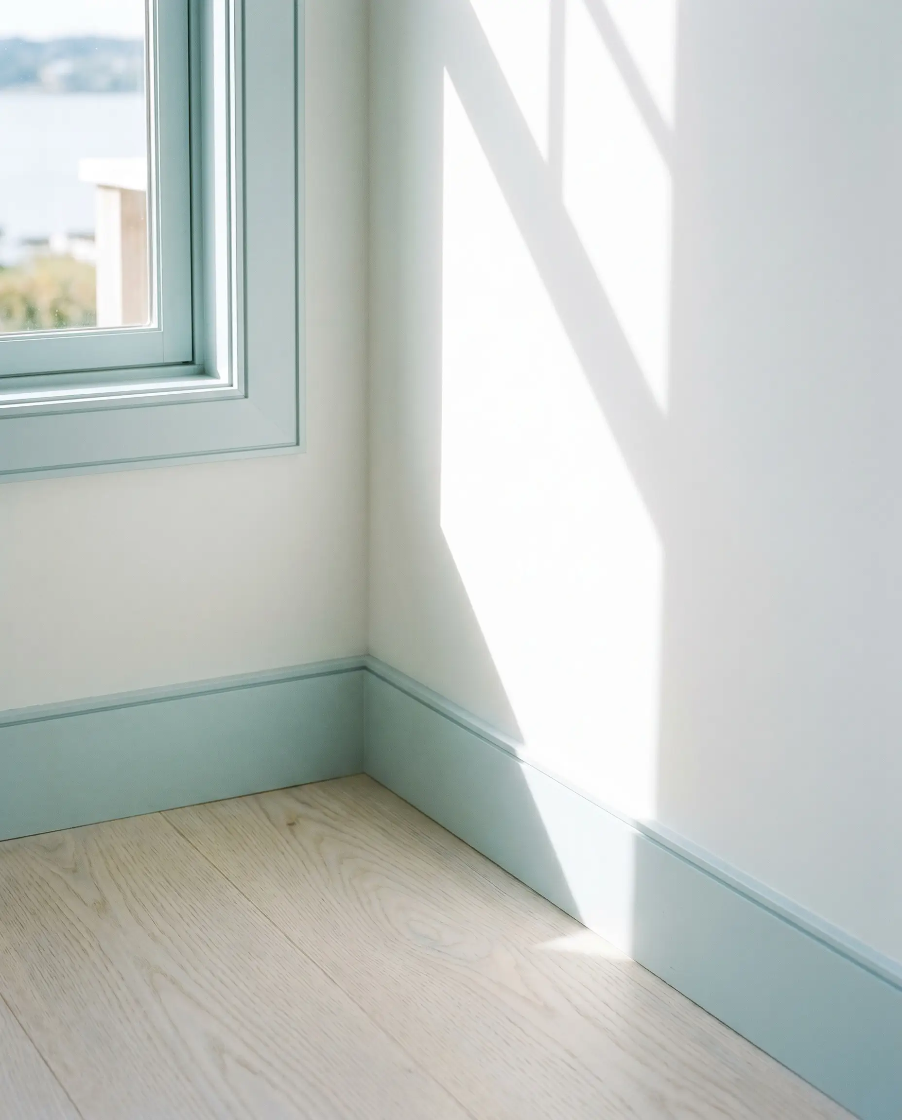 Striking pastel blue baseboards and window casings frame pure gallery white walls above whitewashed ash wood flooring in a minimalist hallway.