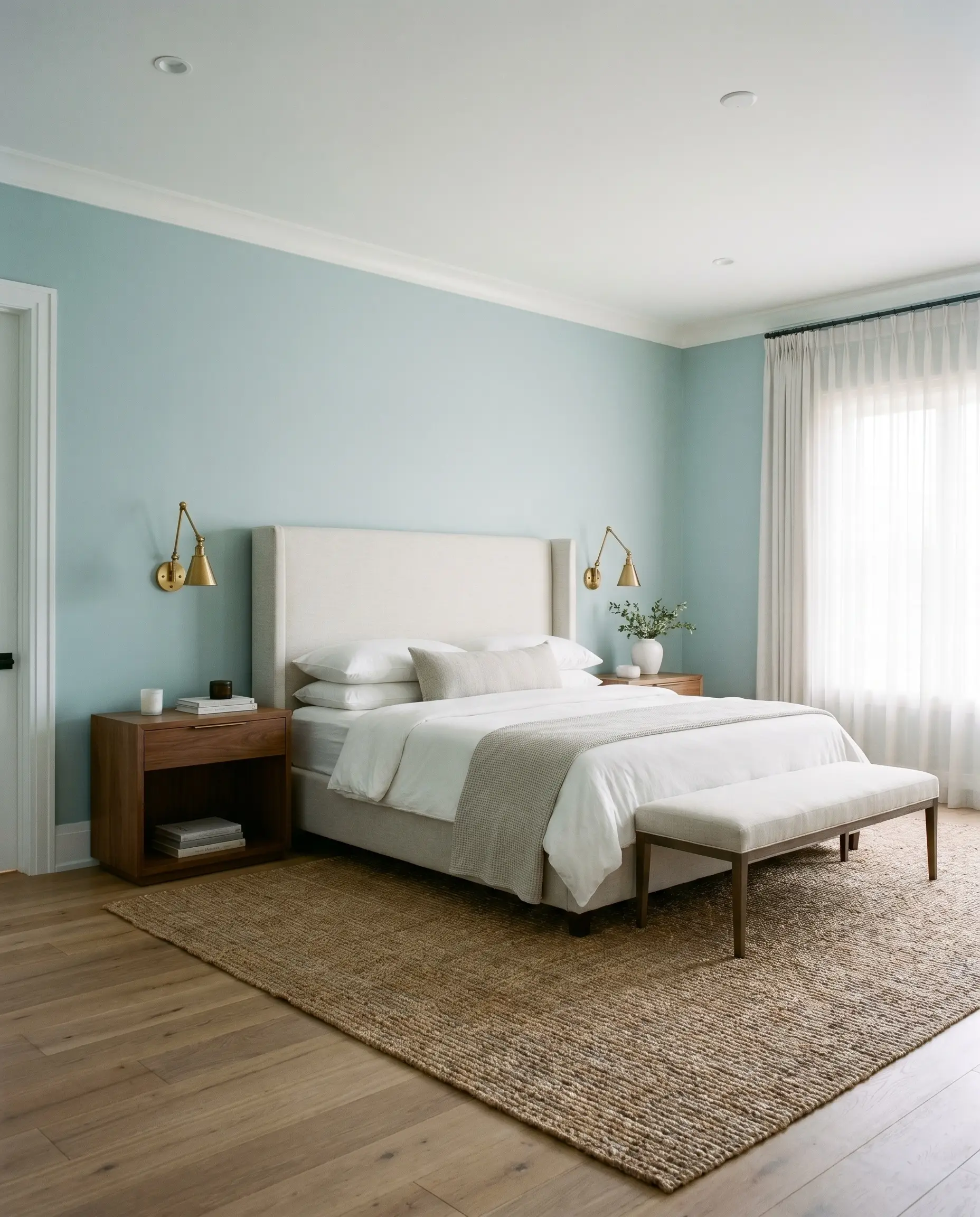 A classic upholstered headboard and sleek modern nightstands sit on raw oak floors surrounded by airy pastel blue walls and bright white trim.