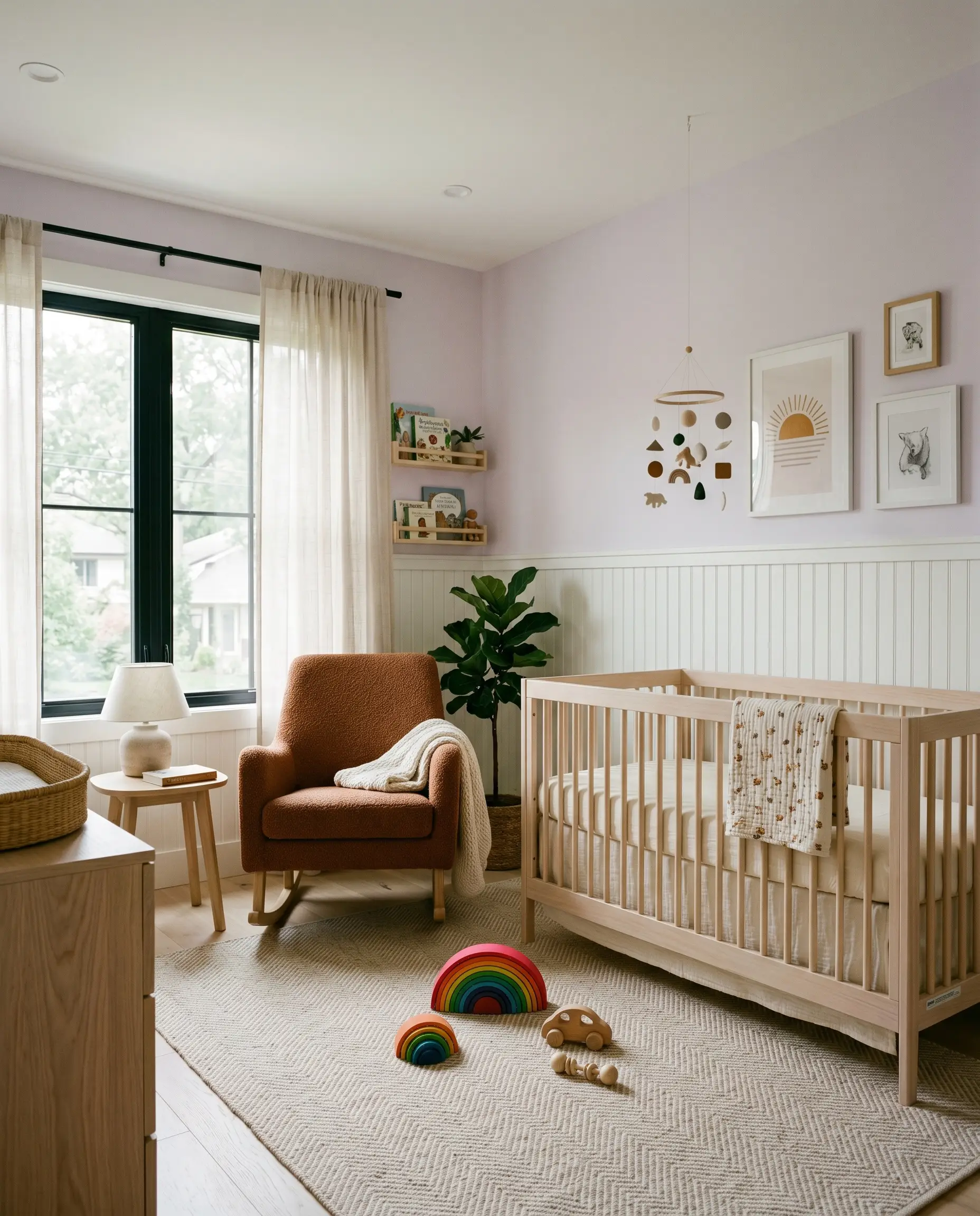 A rust-toned bouclé rocking chair and streamlined bleached oak crib rest beneath upper walls and ceiling painted in Benjamin Moore Misty Lilac (Hex #EAE3F0).
