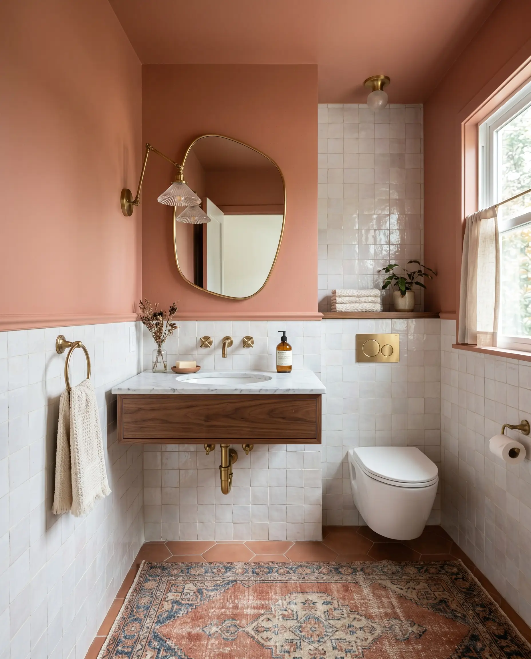 An asymmetric brass mirror and unlacquered brass plumbing fixtures sit above pearlescent white zellige tile wainscoting and upper walls painted in BM Rosy Peach (Hex #B55E4F).