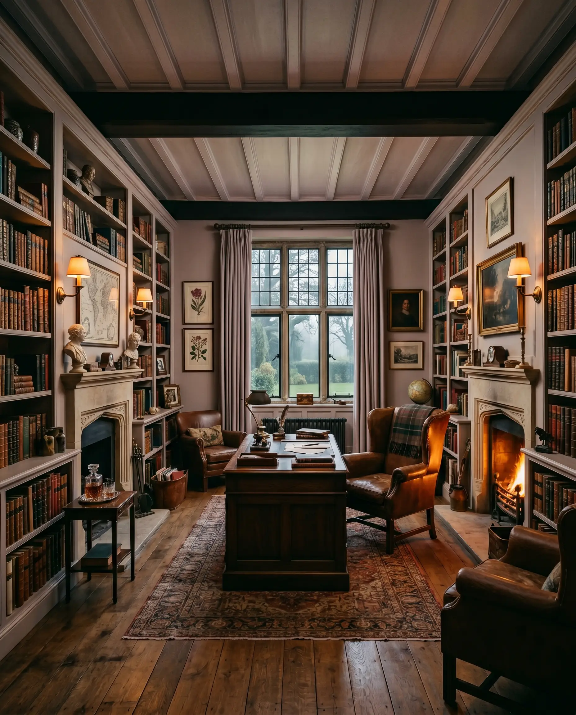 Burnished bronze library sconces cast a warm glow across built-in bookshelves filled with leather-bound books in a moody study painted entirely in a romantic neutral.