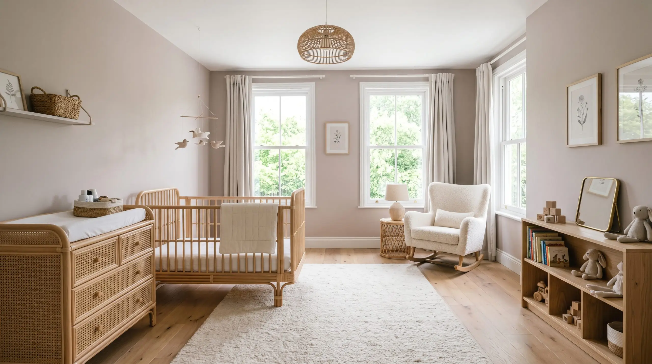 A plush cream wool rug and a natural rattan crib furnish an elegant nursery featuring dusty mauve walls and bright, diffuse natural daylight.