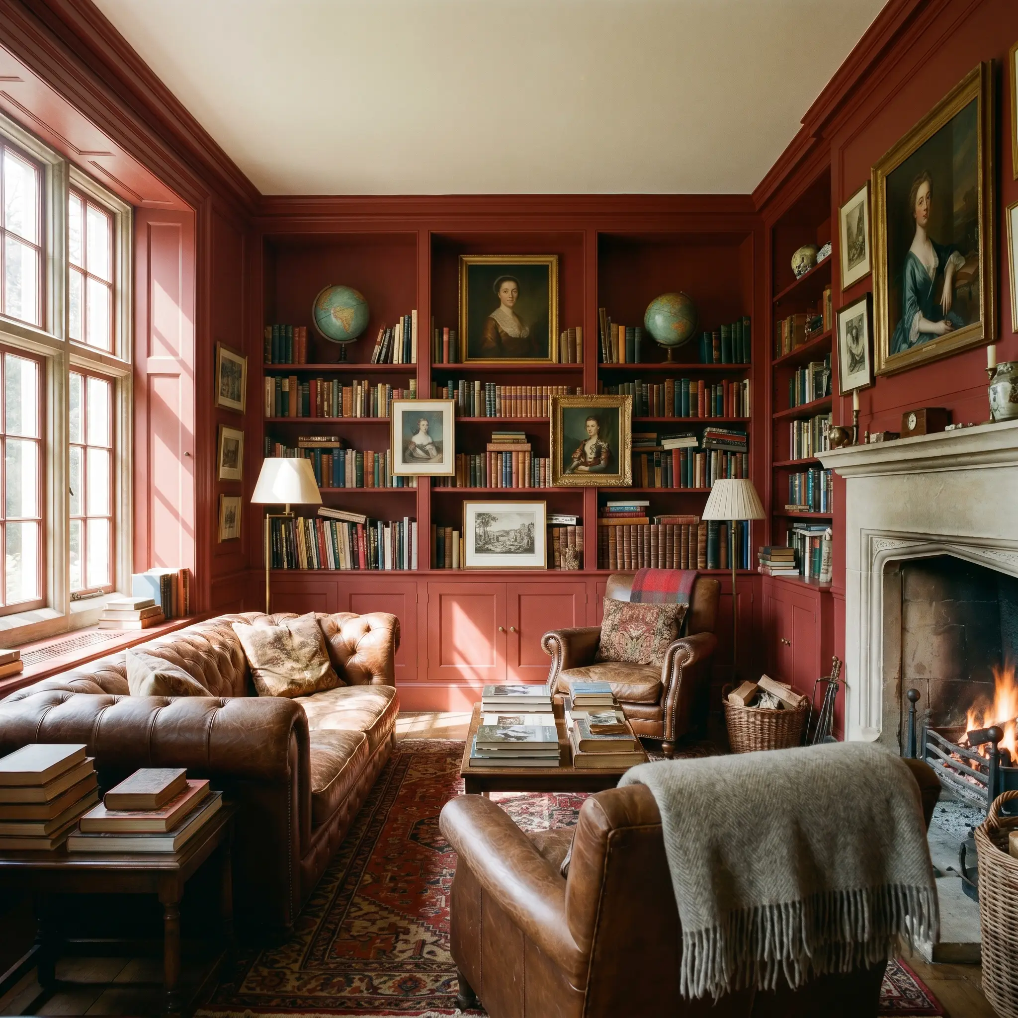 Wall-to-wall built-in shelving filled with books and framed artwork pops against deep russet red walls, complementing worn leather seating in a moody home library.