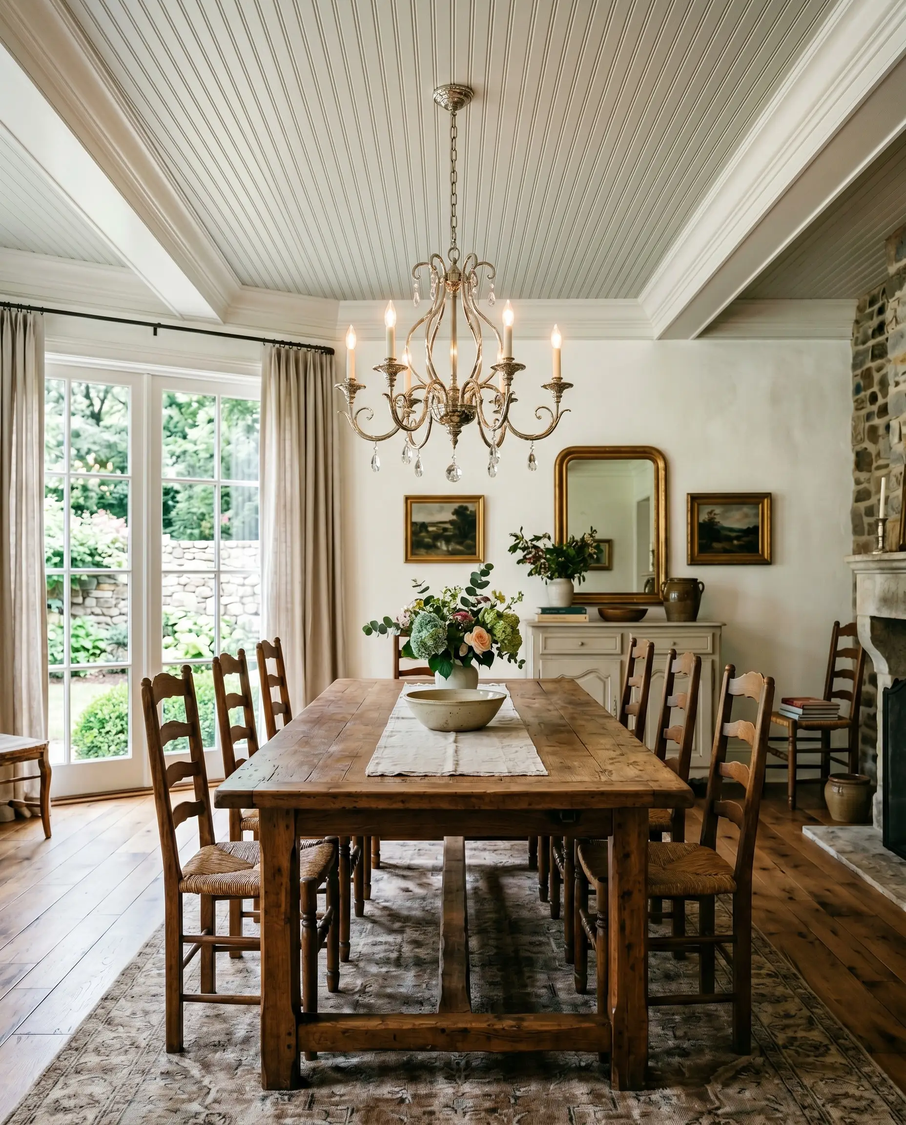 A glowing polished nickel chandelier hangs over a rustic reclaimed chestnut dining table in a French Country space featuring a pale gray beadboard ceiling.