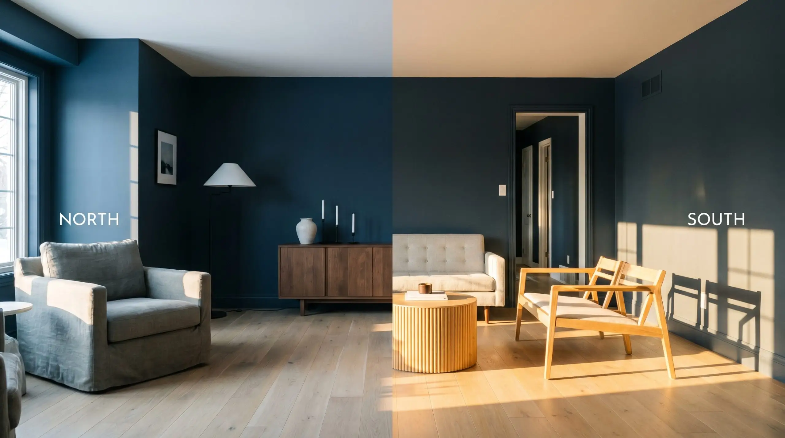 A continuous living room painted Benjamin Moore Polo Blue shifts from a cool slate blue in North-facing light to warm charcoal in South-facing sun.