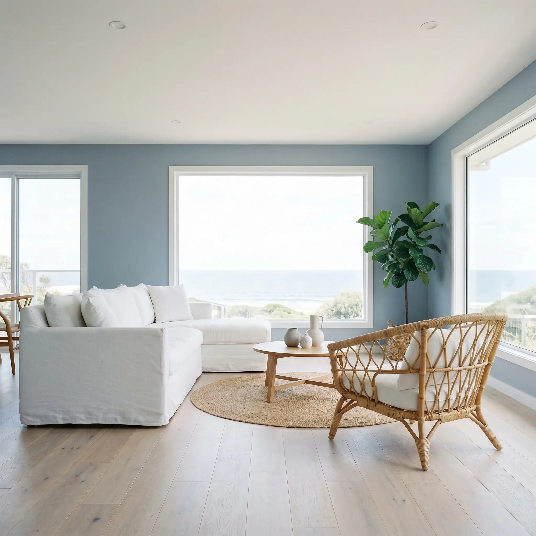 A rattan accent chair and slipcovered linen sofa rest on bleached oak floors inside a minimalist coastal contemporary lounge featuring powdery mid-tone blue walls.