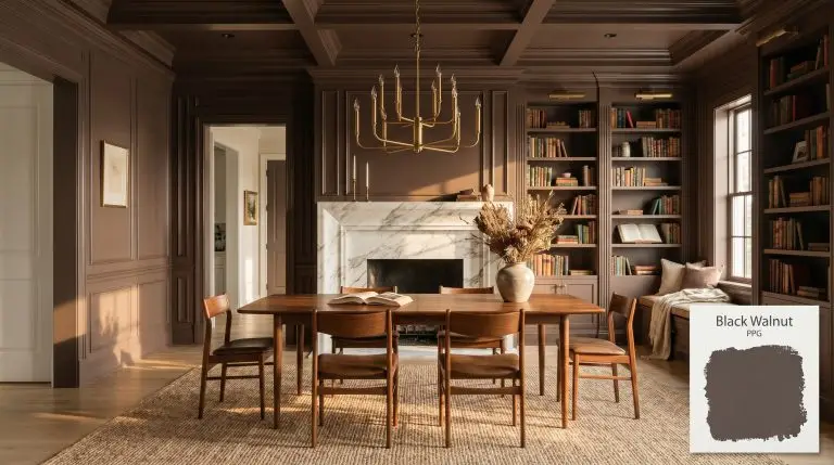 A grand transitional dining and library space features custom millwork painted in PPG Black Walnut (Hex #554747), a Calacatta Viola marble fireplace, and a walnut table.