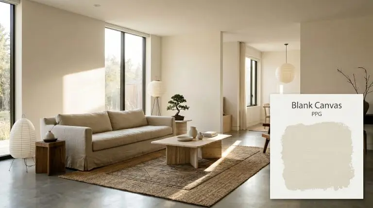 A low-profile washed oatmeal linen sofa and sculptural travertine coffee table sit in a serene living room painted in PPG Blank Canvas (Hex #eae4d6).