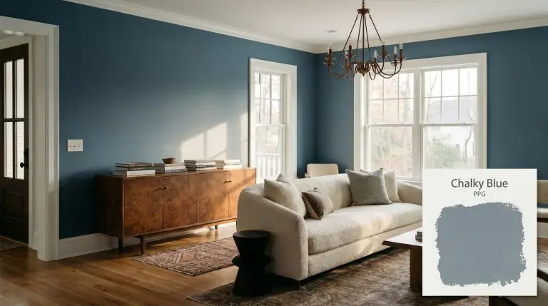 A burled walnut credenza and cream bouclé sofa anchor a transitional living room painted in PPG Chalky Blue (Hex #7b8f99) with bright white trim.