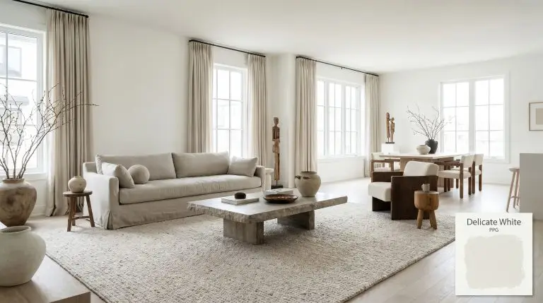 A brutalist stone coffee table and slipcovered linen sofa anchor an open-concept living room painted in PPG Delicate White (Hex #f1f2ee) with bleached ash flooring.