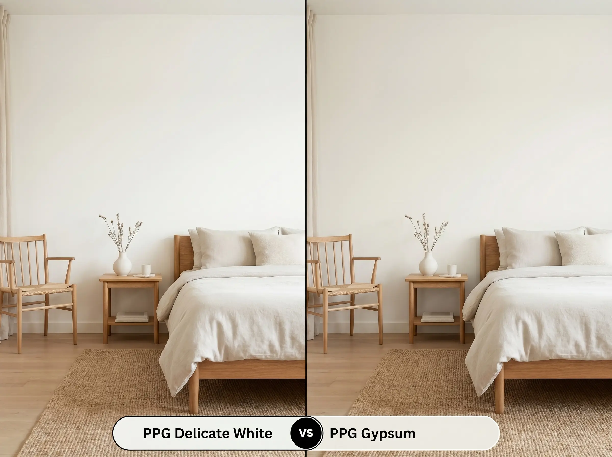 A side-by-side split-screen comparison of PPG Delicate White on the left and PPG Gypsum on the right, shown in a cozy minimalist bedroom.