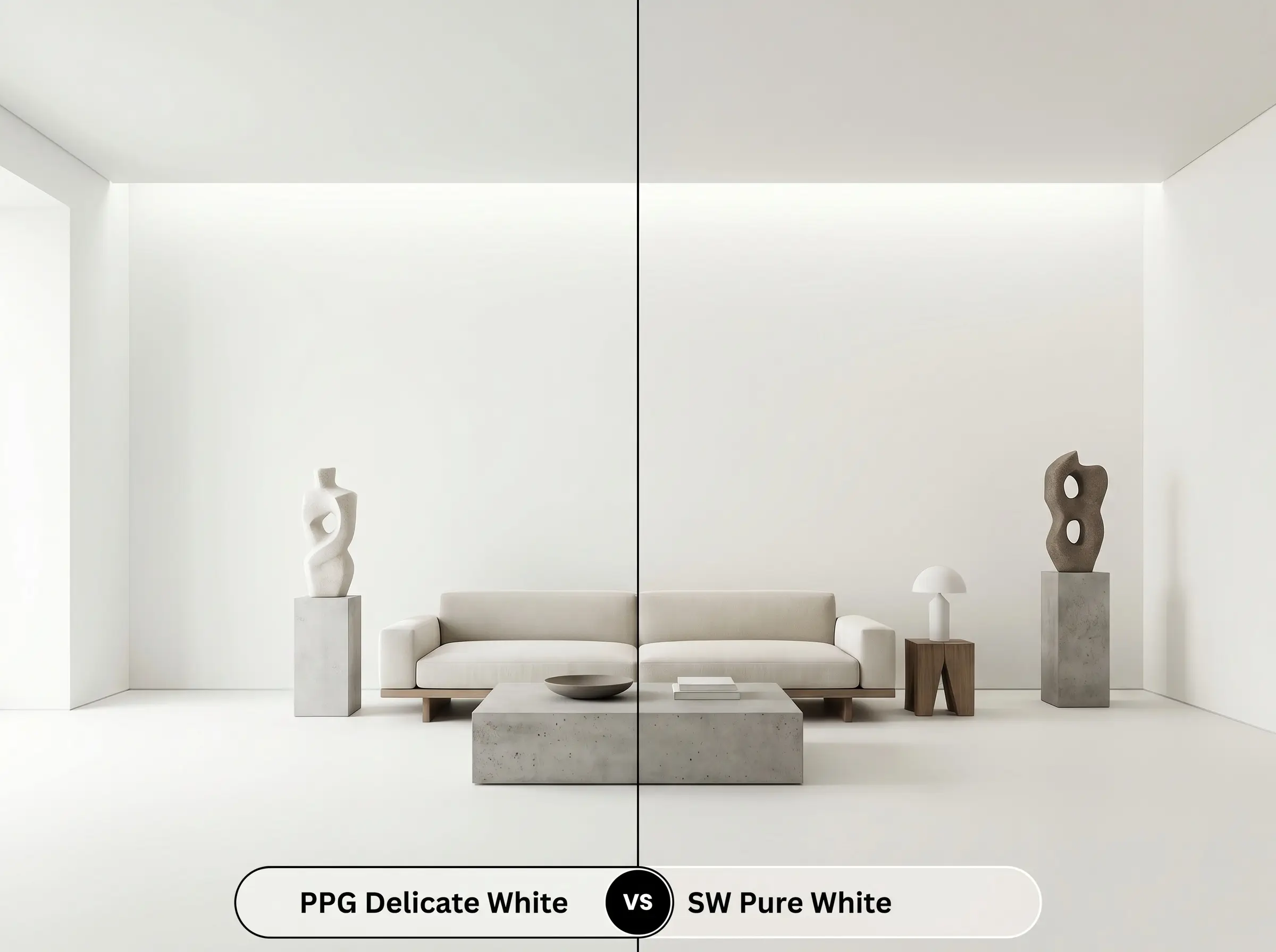 A side-by-side split-screen comparison of PPG Delicate White on the left and Sherwin-Williams Pure White on the right, shown in a modern gallery living room.