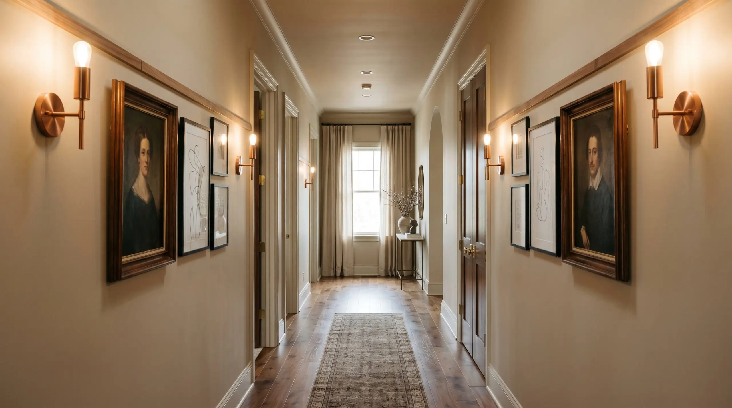 A curated transitional hallway features almond undertone walls, simple picture rails displaying vintage oil portraits, minimalist line art, brushed copper wall sconces, and medium walnut hardwood floors.