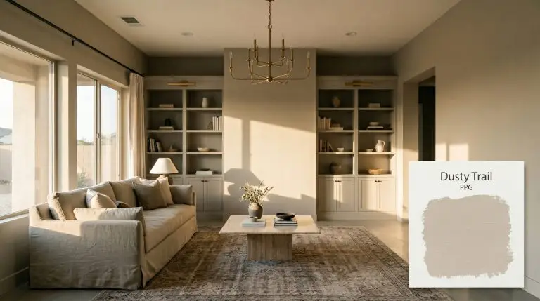 A Desert Modern open-concept living room features built-in bookcases painted in PPG Dusty Trail (Hex #c9bba3), a honed travertine coffee table, and a washed linen sofa.
