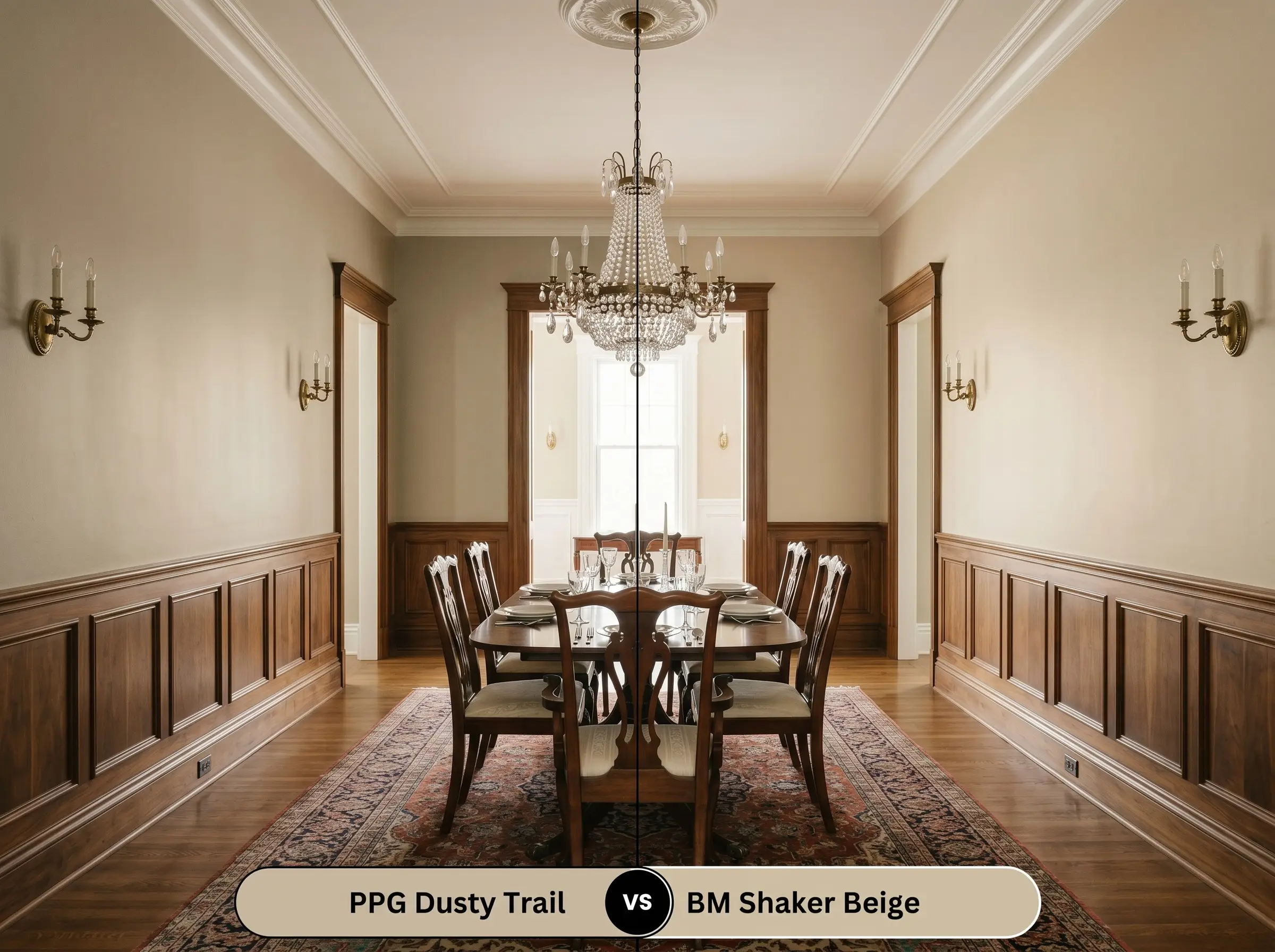 A side-by-side split-screen comparison of PPG Dusty Trail on the left and Benjamin Moore Shaker Beige on the right, shown in a traditional dining room featuring warm walnut wainscoting.
