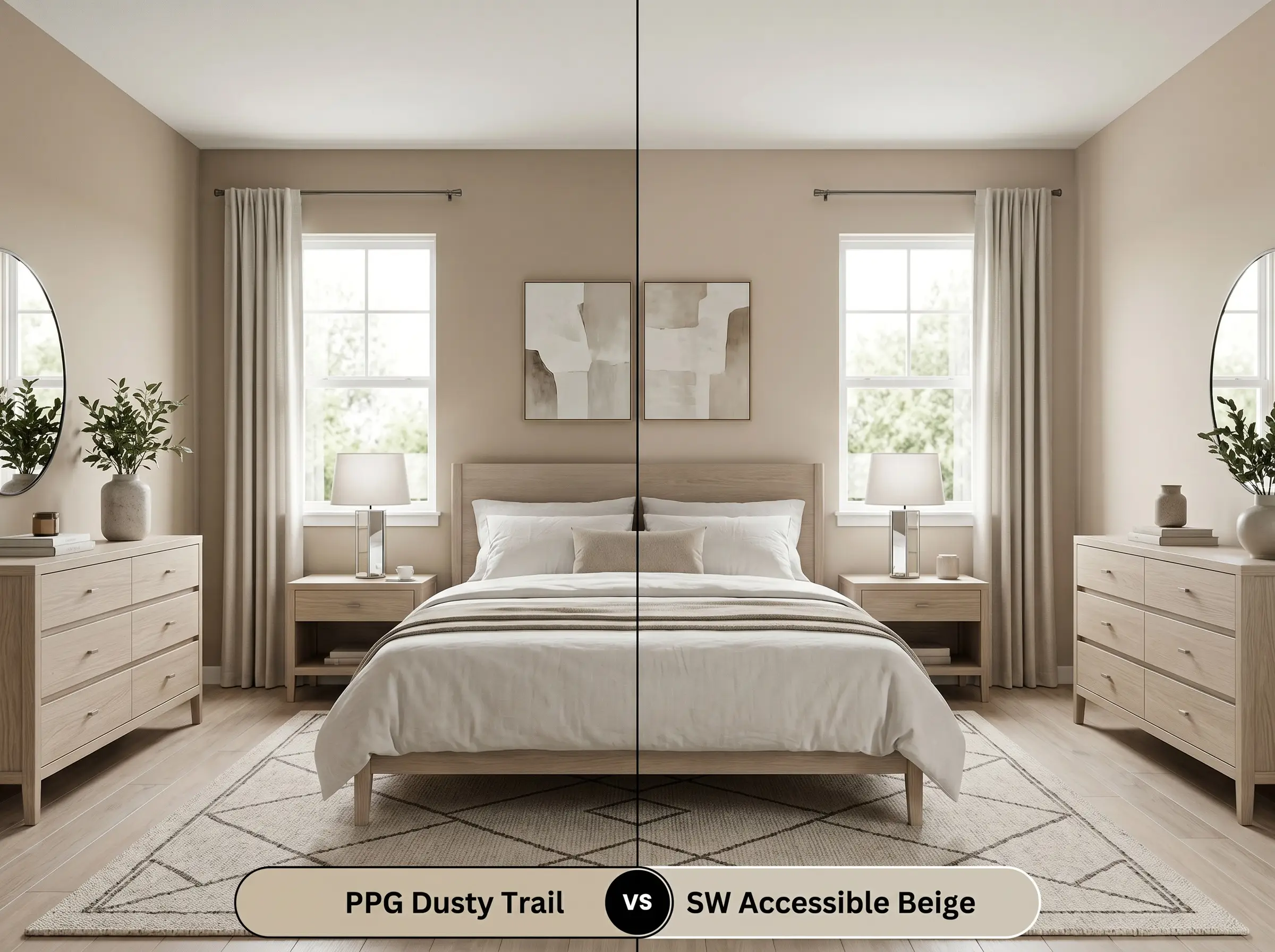 A side-by-side split-screen comparison of PPG Dusty Trail on the left and Sherwin-Williams Accessible Beige on the right, shown in a modern suburban bedroom with bleached oak furniture.