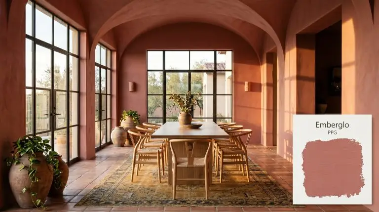 An open-concept sunroom painted in PPG Emberglo (Hex #c67976) features a white oak dining table, cane wishbone chairs, and authentic terracotta floor tiles.
