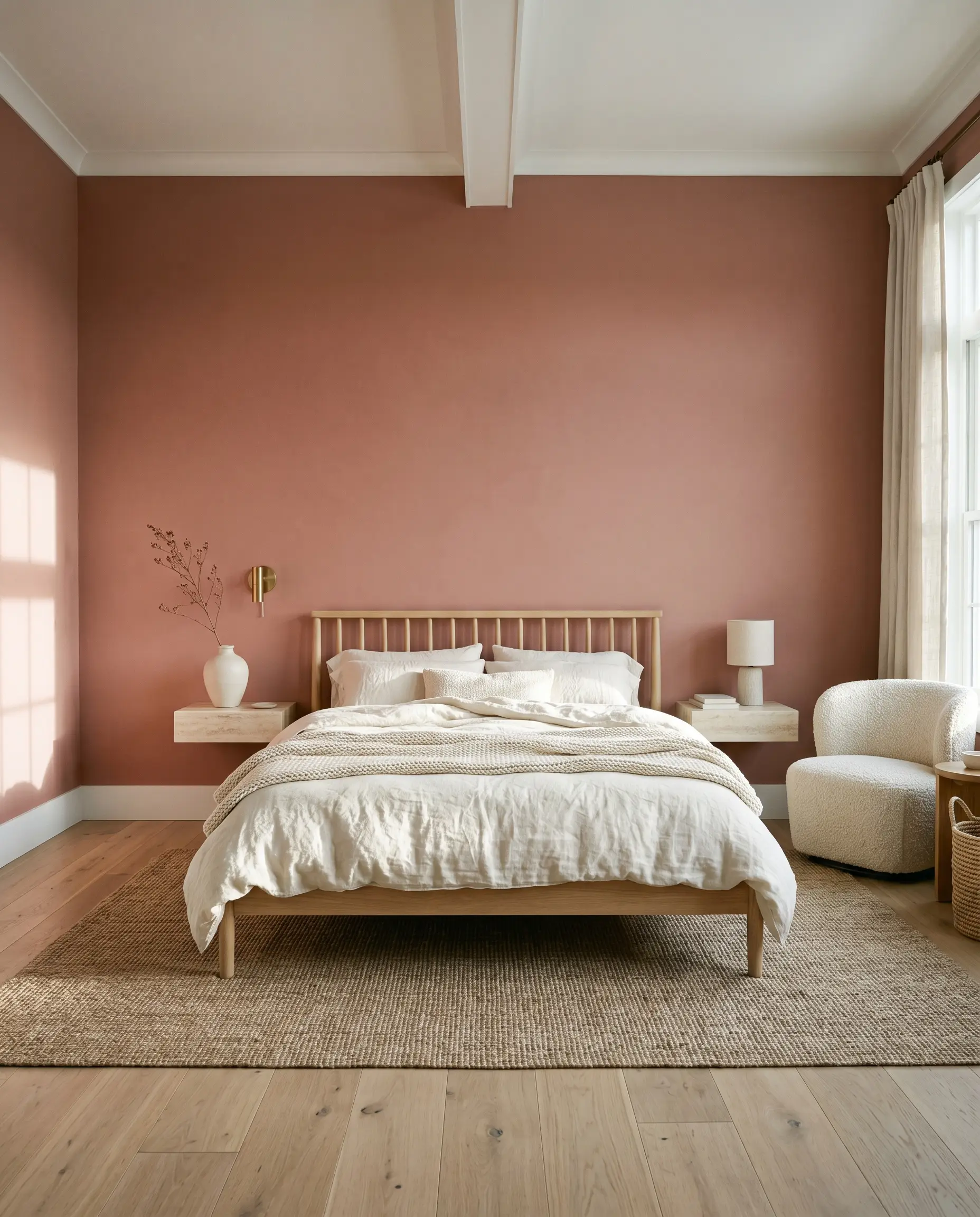 A serene primary bedroom painted in PPG Emberglo (Hex #c67976) features a white oak spindle bed, floating travertine nightstands, and a chunky boucle chair.