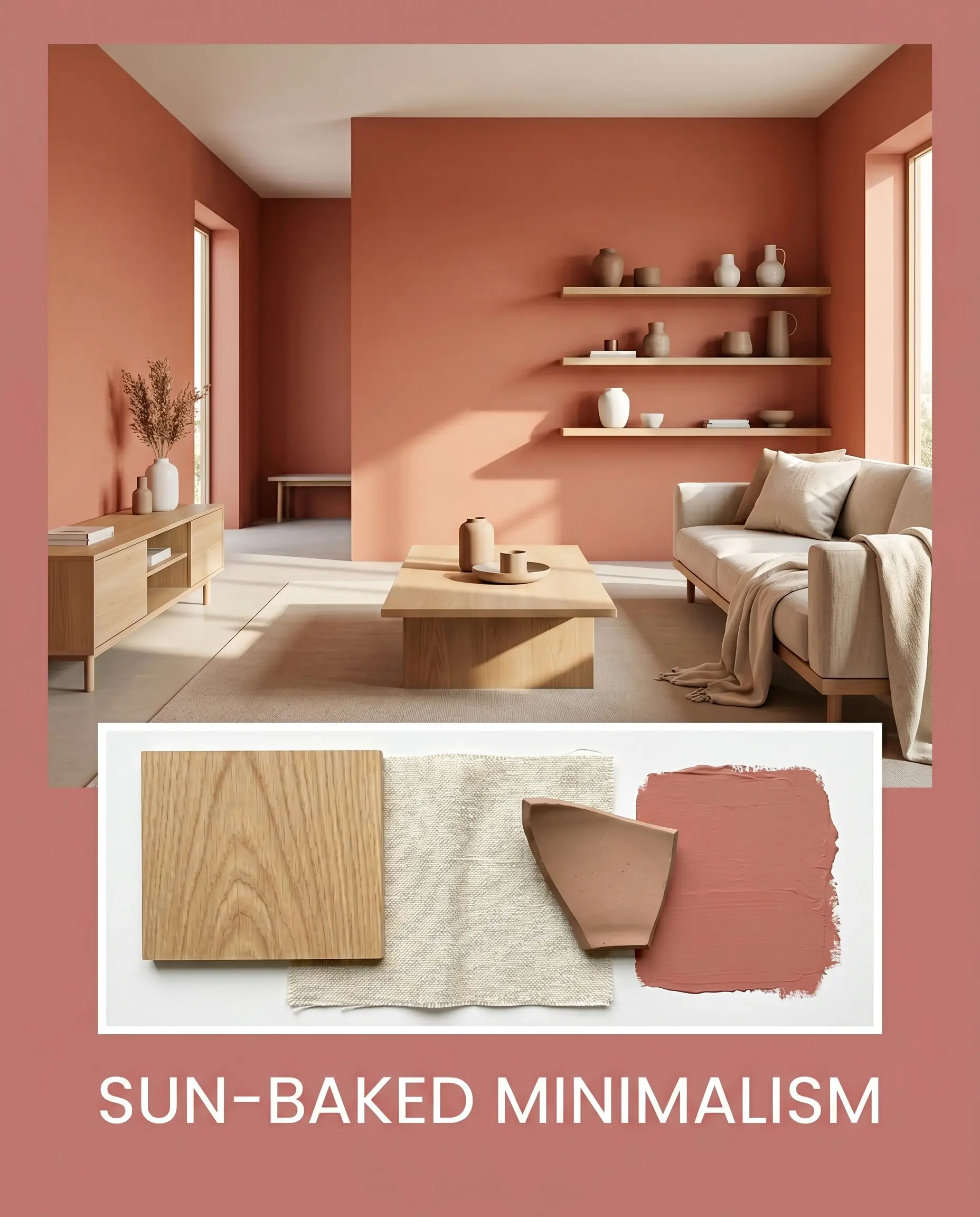 An editorial layout pairs a muted coral living room featuring low-profile white oak furniture with a flat-lay of wood grain, linen, and matte ceramic.