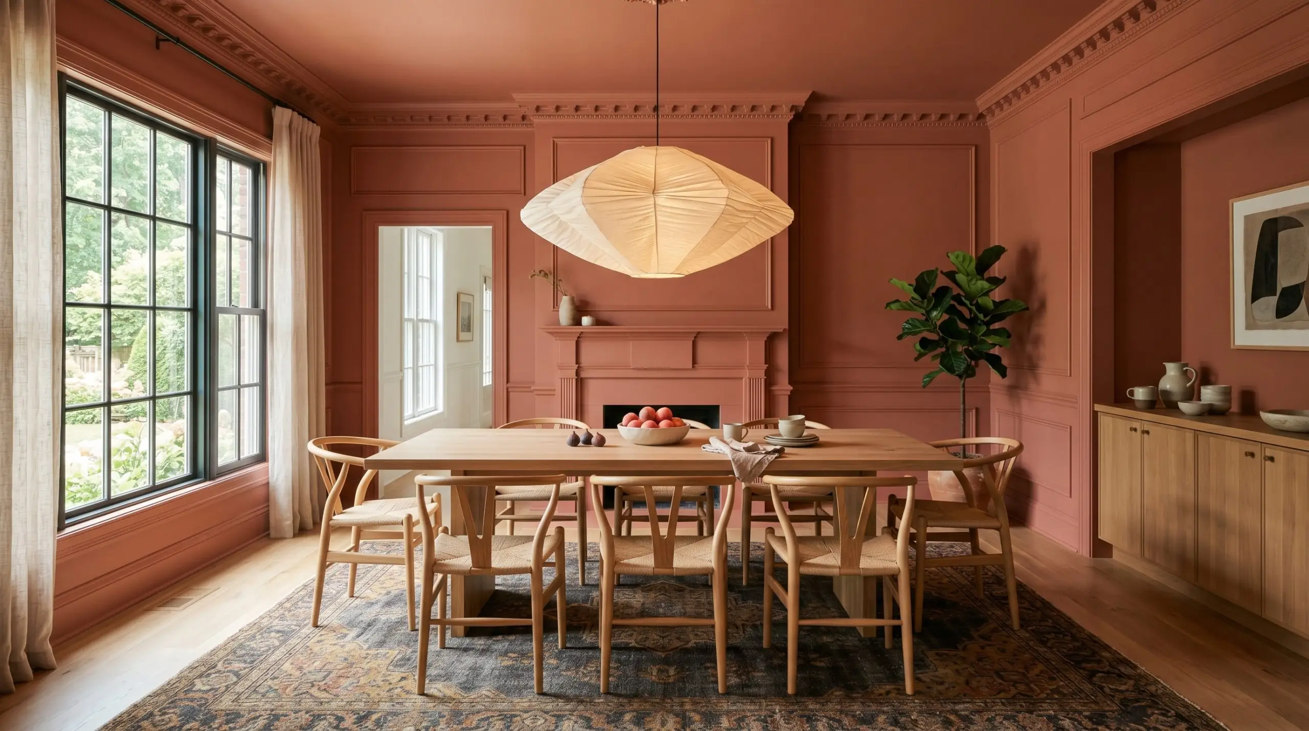 A white oak dining table and cane wishbone chairs sit beneath an oversized paper sculptural lamp in a muted coral dining space.