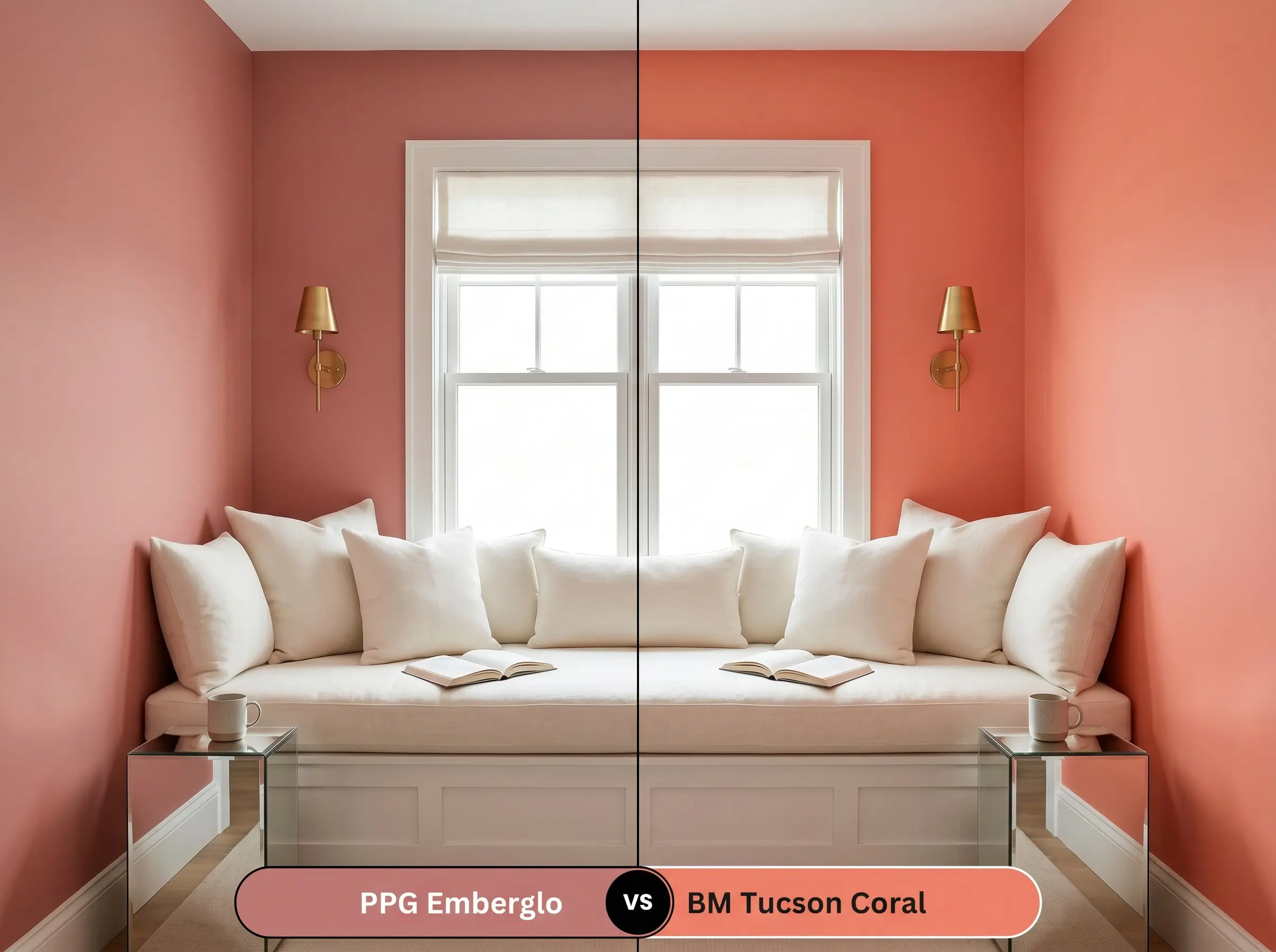 A side-by-side split-screen comparison of PPG Emberglo on the left and Benjamin Moore Tucson Coral on the right, shown in a cozy reading nook with a built-in window seat.