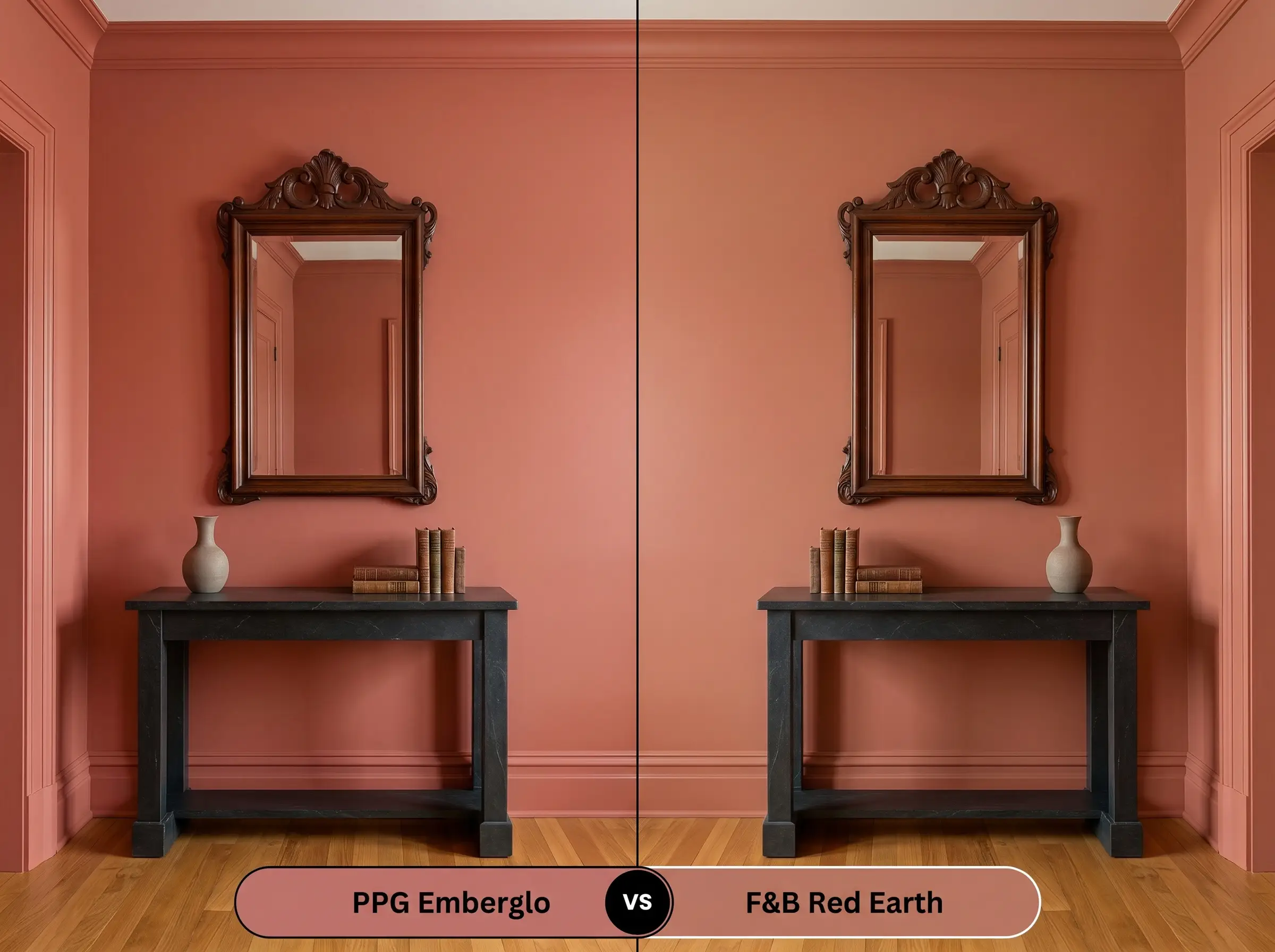 A side-by-side split-screen comparison of PPG Emberglo on the left and Farrow & Ball Red Earth on the right, shown in an elegant entryway with golden oak floors.