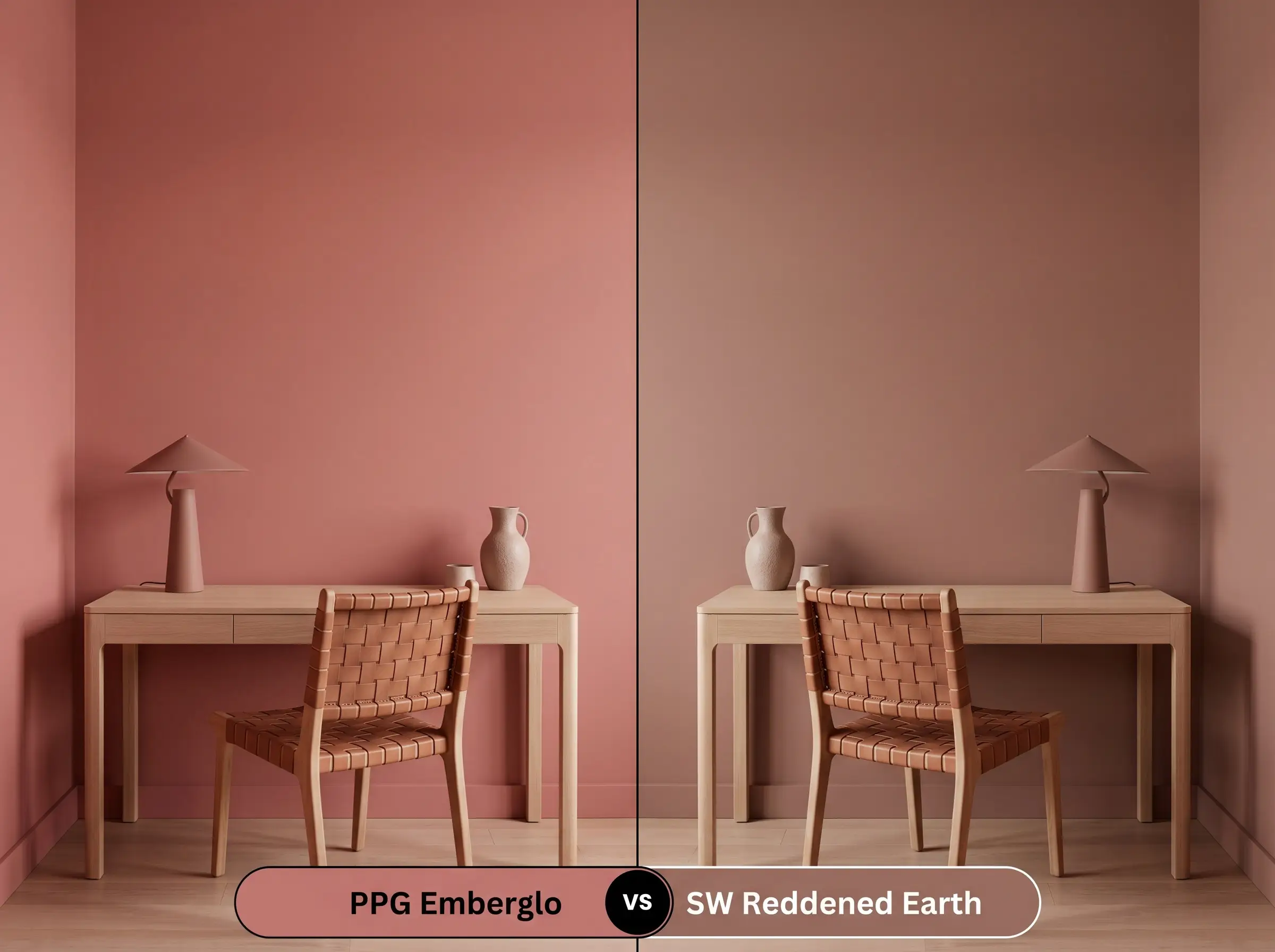 A side-by-side split-screen comparison of PPG Emberglo on the left and Sherwin-Williams Reddened Earth on the right, shown in a home office with a white oak desk.