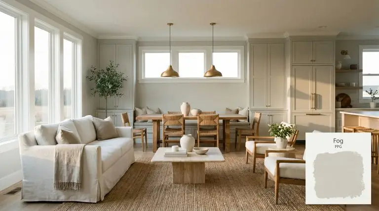 A slipcovered linen sofa and tumbled travertine coffee table anchor an open-concept living space painted in PPG Fog (Hex #d6d7d2) with crisp white trim.