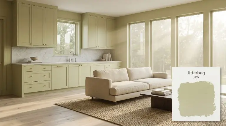 An open-concept living room and kitchen painted in PPG Jitterbug (Hex #bac08a) features built-in shaker cabinetry, unlacquered brass hardware, and a textured sisal rug beneath a minimalist linen sofa.