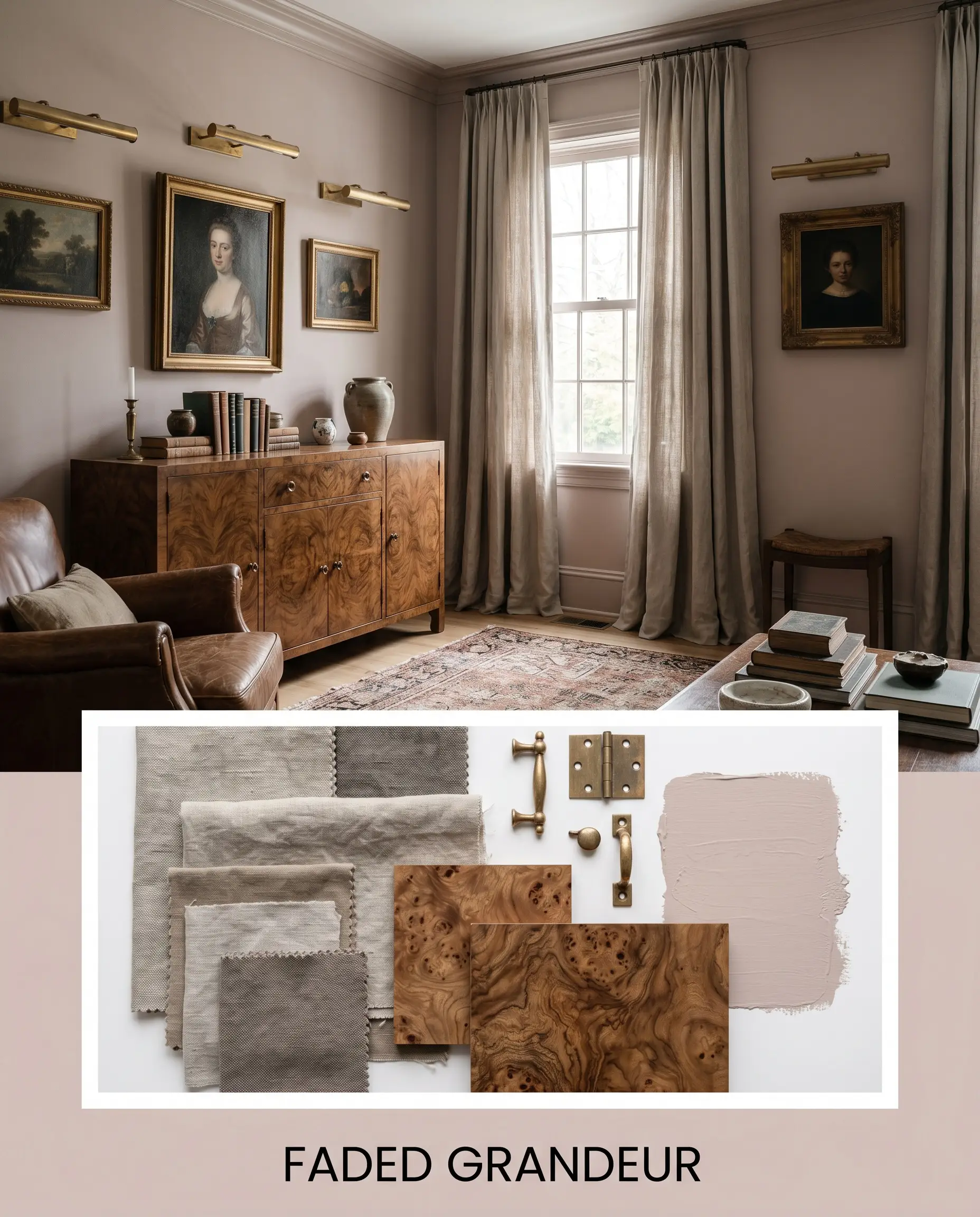 A faded grandeur living room painted in PPG Just Gorgeous (Hex #d6c4c1) sits above a flat-lay of washed linen, burl wood, and unlacquered brass.