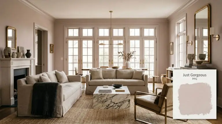 A transitional open-plan living room painted in PPG Just Gorgeous (Hex #d6c4c1) features a slipcovered linen sofa and a veined honed marble coffee table.