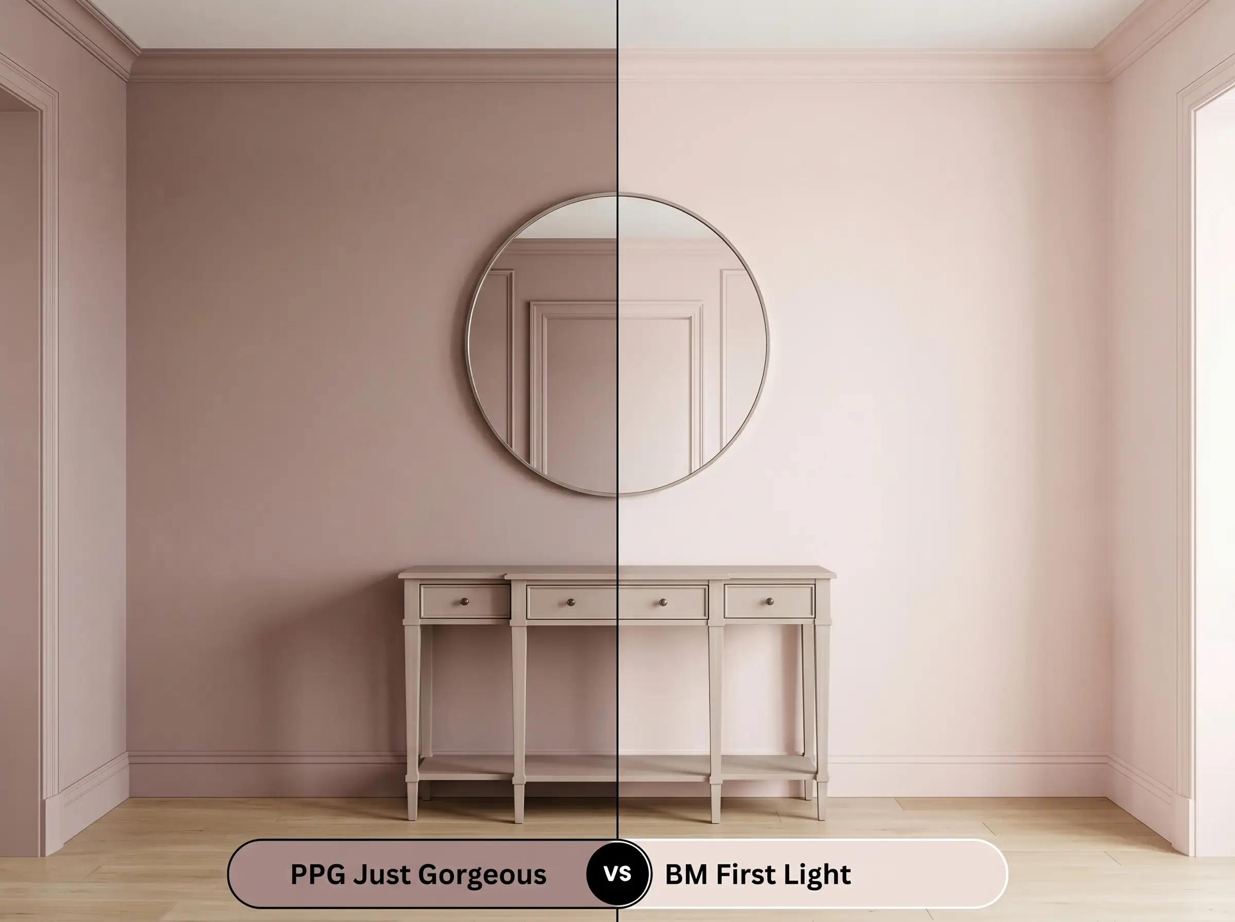 A side-by-side split-screen comparison of PPG Just Gorgeous on the left and Benjamin Moore First Light on the right, shown in a transitional entryway with a round mirror.