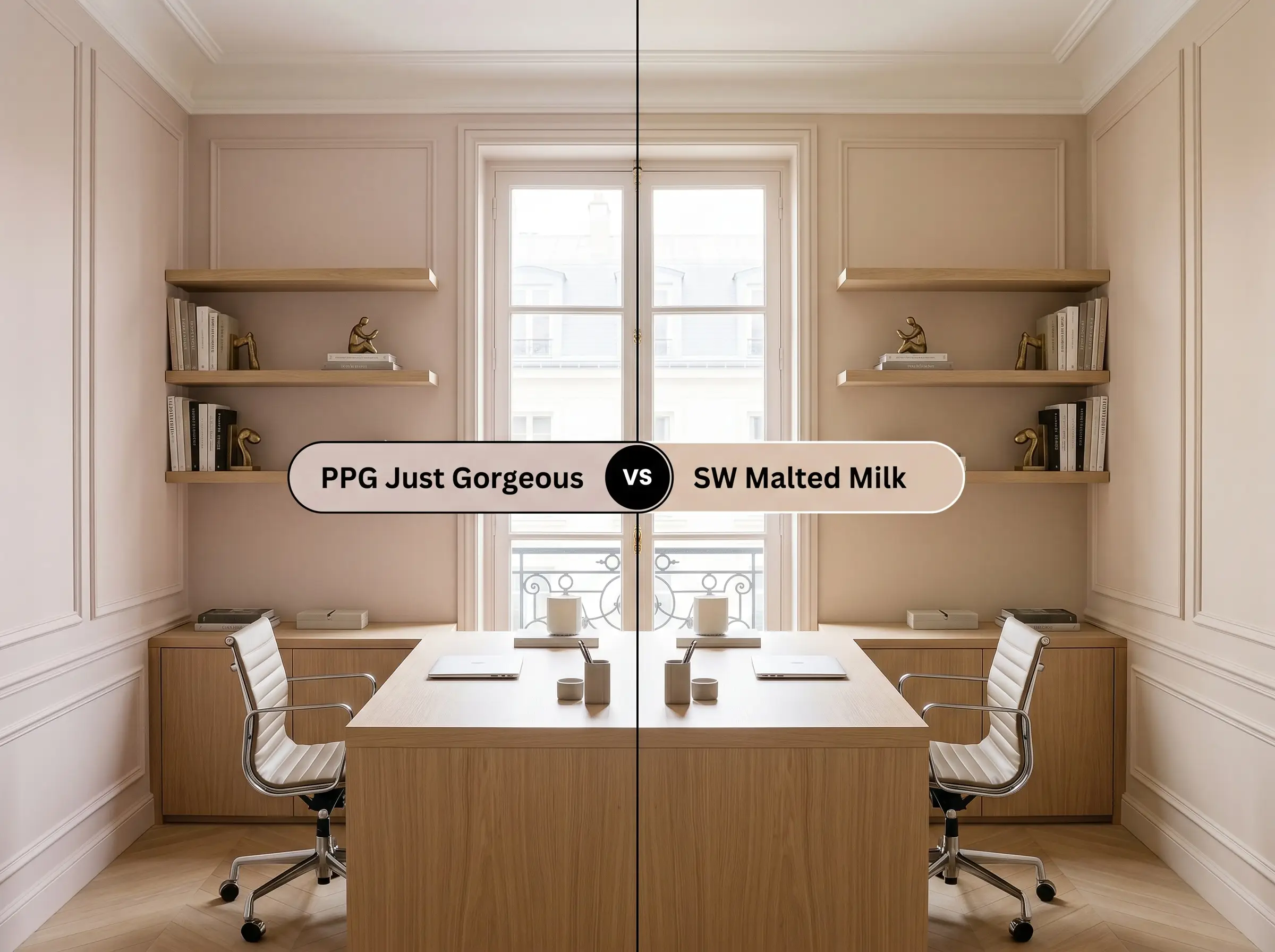 A side-by-side split-screen comparison of PPG Just Gorgeous on the left and Sherwin-Williams Malted Milk on the right, shown in a contemporary home office with floating shelves.