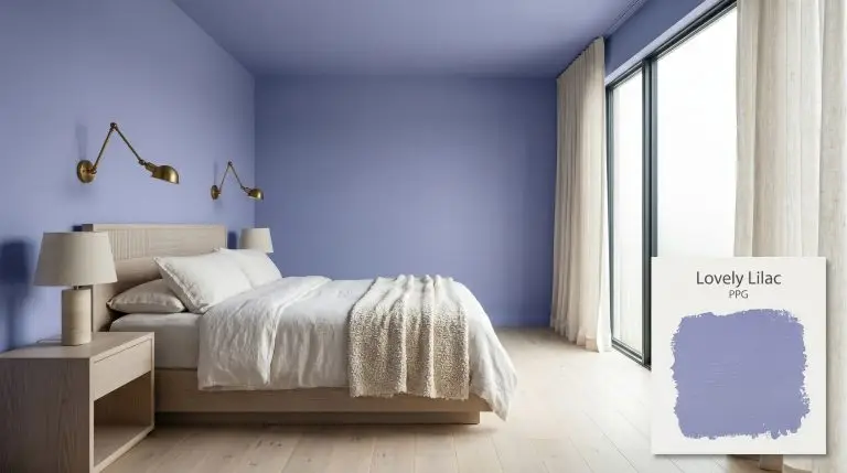 A luxurious primary bedroom painted in PPG Lovely Lilac (Hex #a7b0cc) features a low-profile bleached oak bed layered with off-white washed linen bedding.