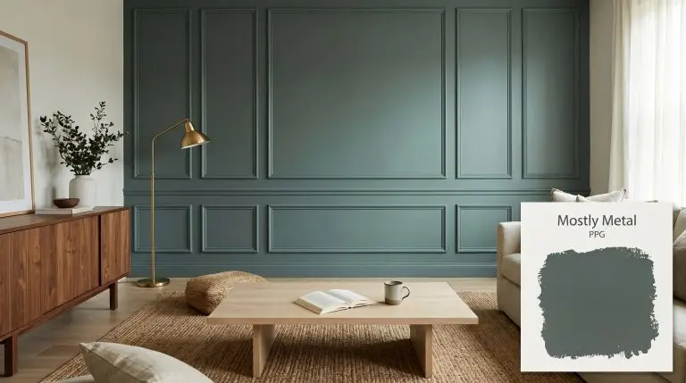 Floor-to-ceiling wainscoting painted in PPG Mostly Metal (Hex #575e5f) anchors a modern organic living room featuring a bleached white oak coffee table and a natural walnut credenza.