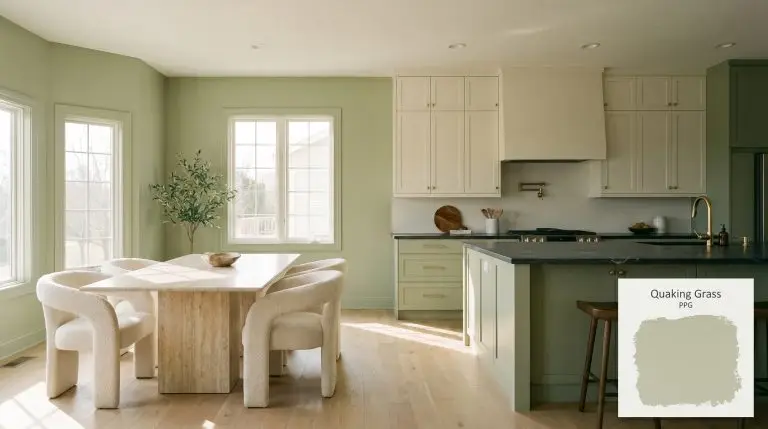 An open-concept transitional kitchen and dining nook features lower cabinets and walls color-drenched in PPG Quaking Grass (Hex #bbc6a4), contrasting with creamy warm white upper cabinets, honed soapstone countertops, and a travertine pedestal table.