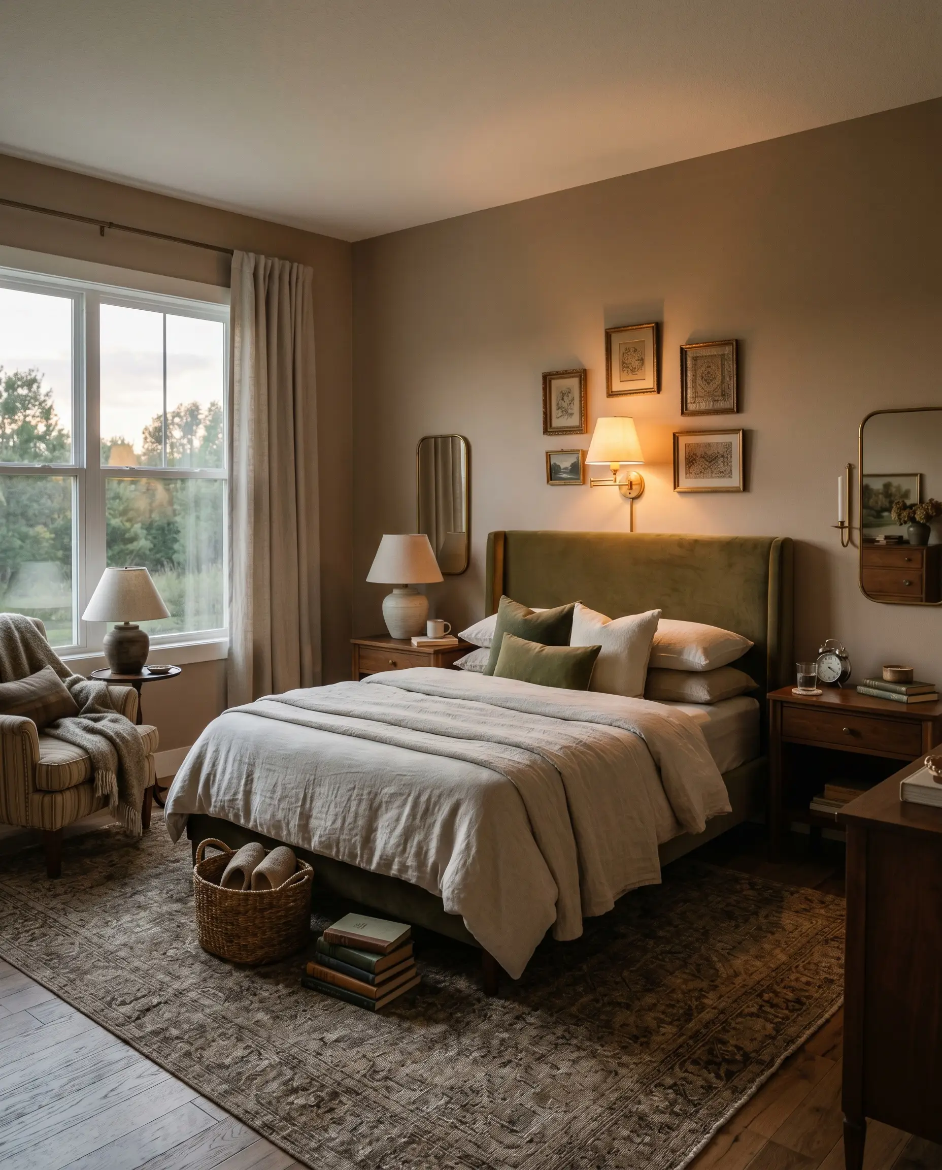A cozy guest bedroom features walls painted in PPG Sandy Beach (Hex #e9dad2), a tailored muted olive velvet headboard, and vintage walnut nightstands.