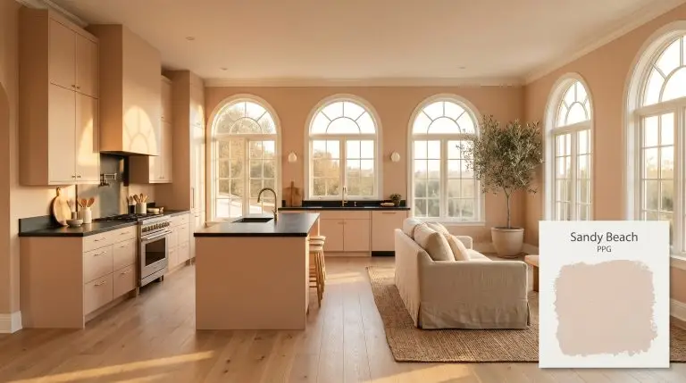 A luminous Mediterranean open-concept kitchen features walls painted in PPG Sandy Beach (Hex #e9dad2), honed soapstone countertops, and unlacquered brass hardware.