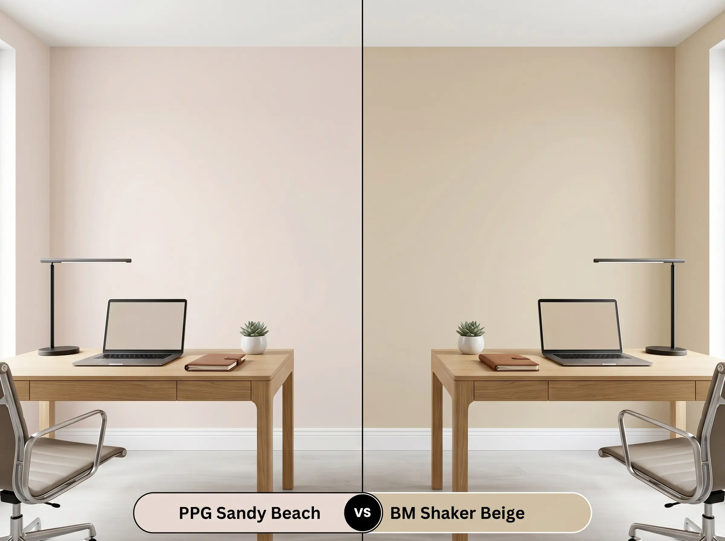 A side-by-side split-screen comparison of PPG Sandy Beach on the left and Benjamin Moore Shaker Beige on the right, shown in a contemporary home office with a sleek wooden desk.