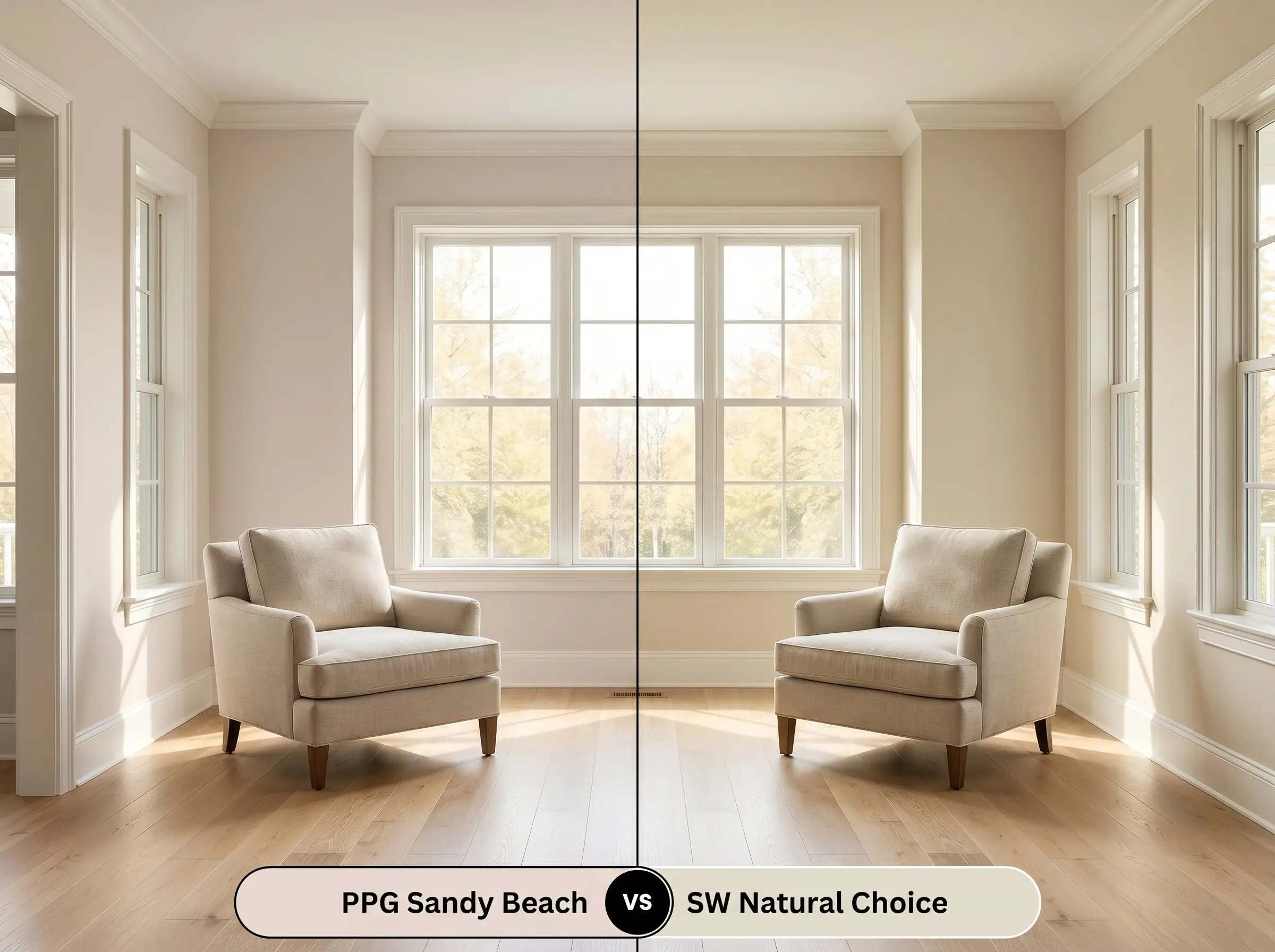A side-by-side split-screen comparison of PPG Sandy Beach on the left and Sherwin-Williams Natural Choice on the right, shown in a bright sunlit living room with white oak flooring.