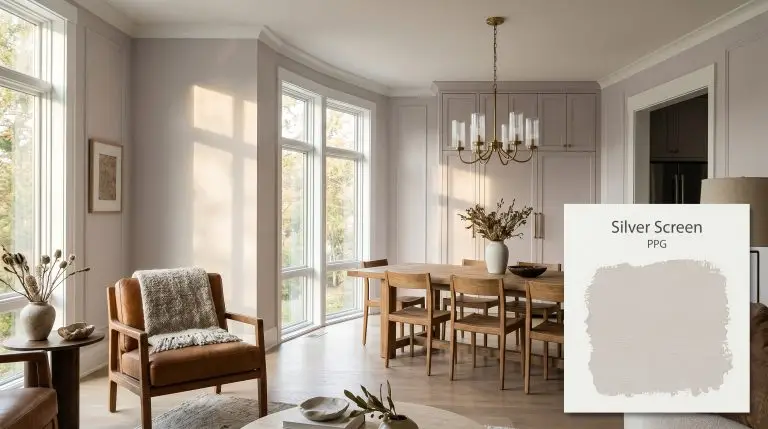 A saddle leather accent chair and reclaimed oak dining table sit within an open-concept space painted in PPG Silver Screen (Hex #e0dddd).
