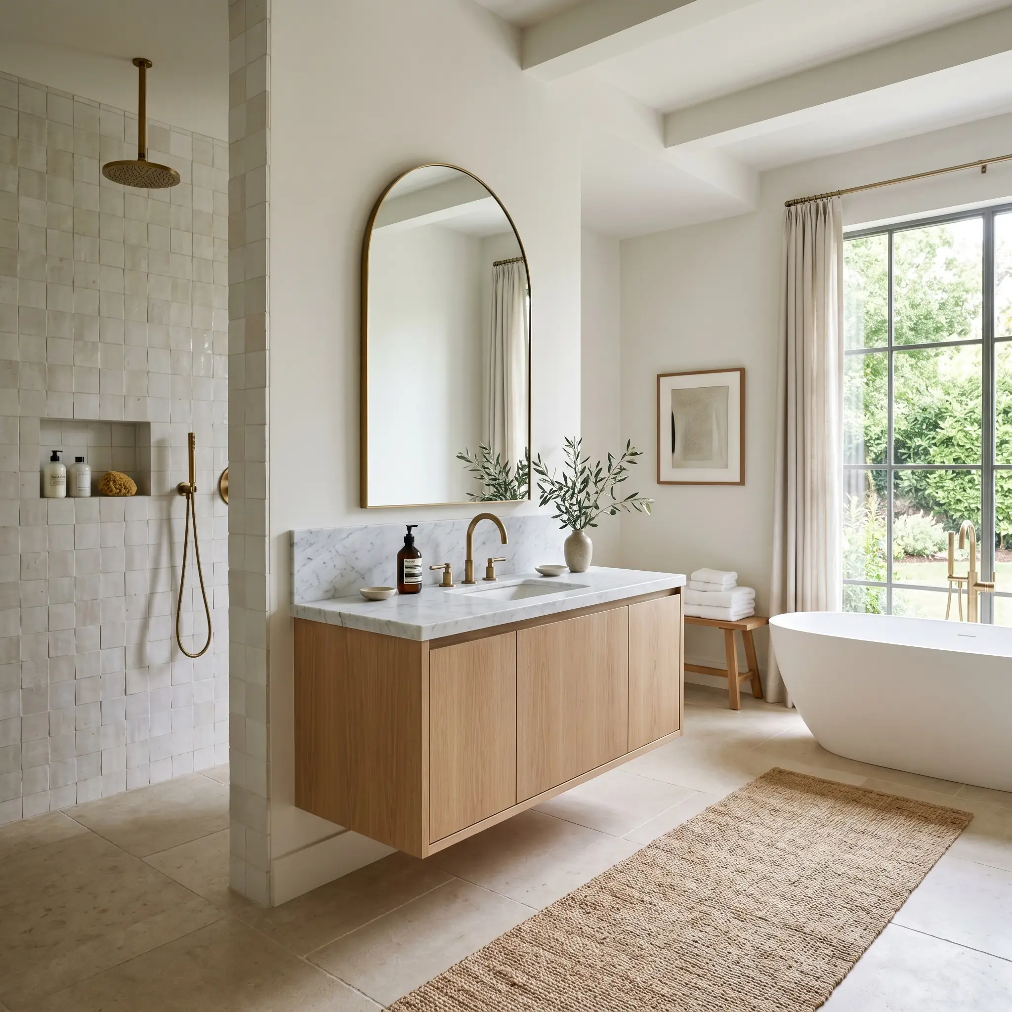 A honed marble vanity and warm white handmade zellige tile shower anchor a spa-inspired bathroom painted in PPG Silver Screen (Hex #e0dddd).