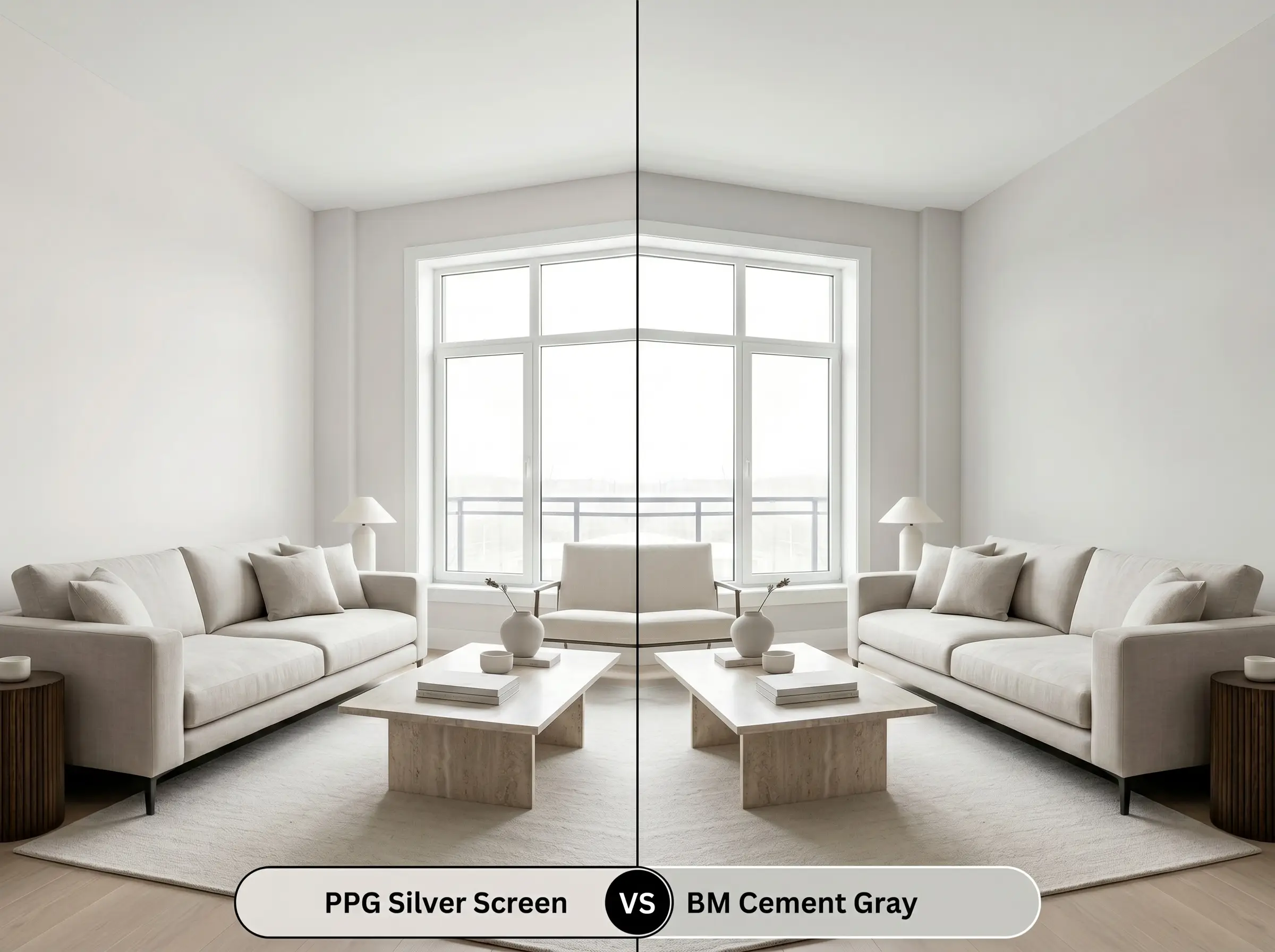 A side-by-side split-screen comparison of PPG Silver Screen on the left and Benjamin Moore Cement Gray on the right, shown in a bright living room with a modern linen sofa.