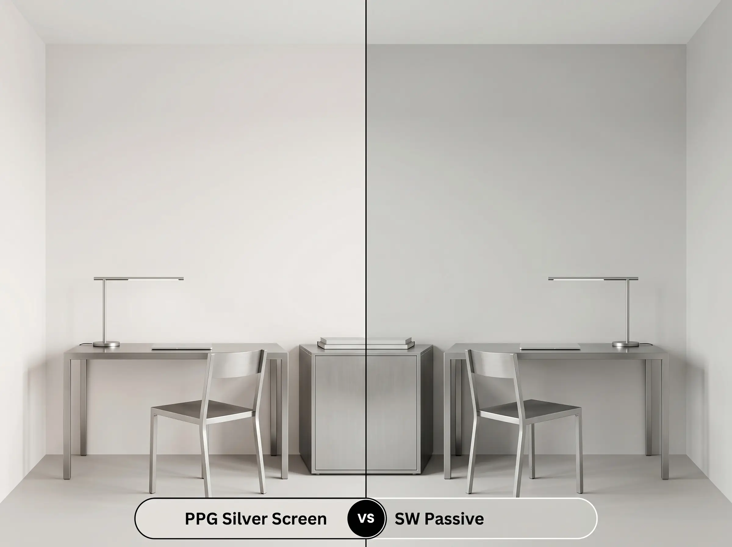 A side-by-side split-screen comparison of PPG Silver Screen on the left and Sherwin-Williams Passive on the right, shown in a minimalist home office featuring a sleek metal desk.