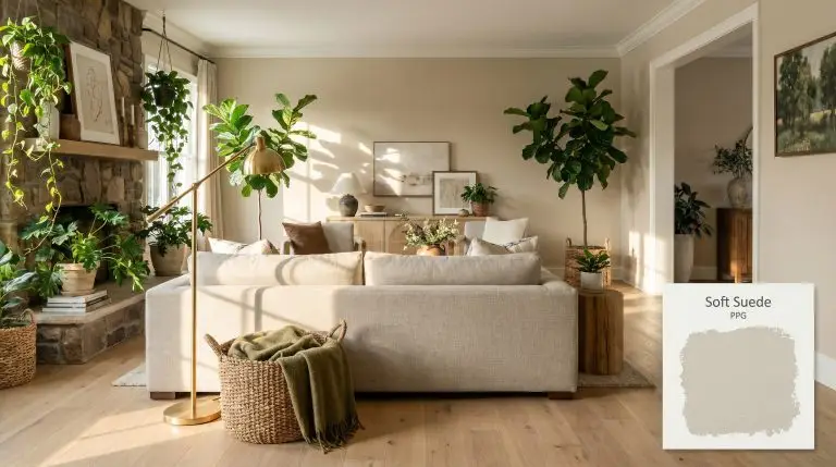 A stunning biophilic living room features raw white oak flooring, an oatmeal linen sofa, and walls painted in PPG Soft Suede (Hex #d8cbad) trimmed in warm off-white.