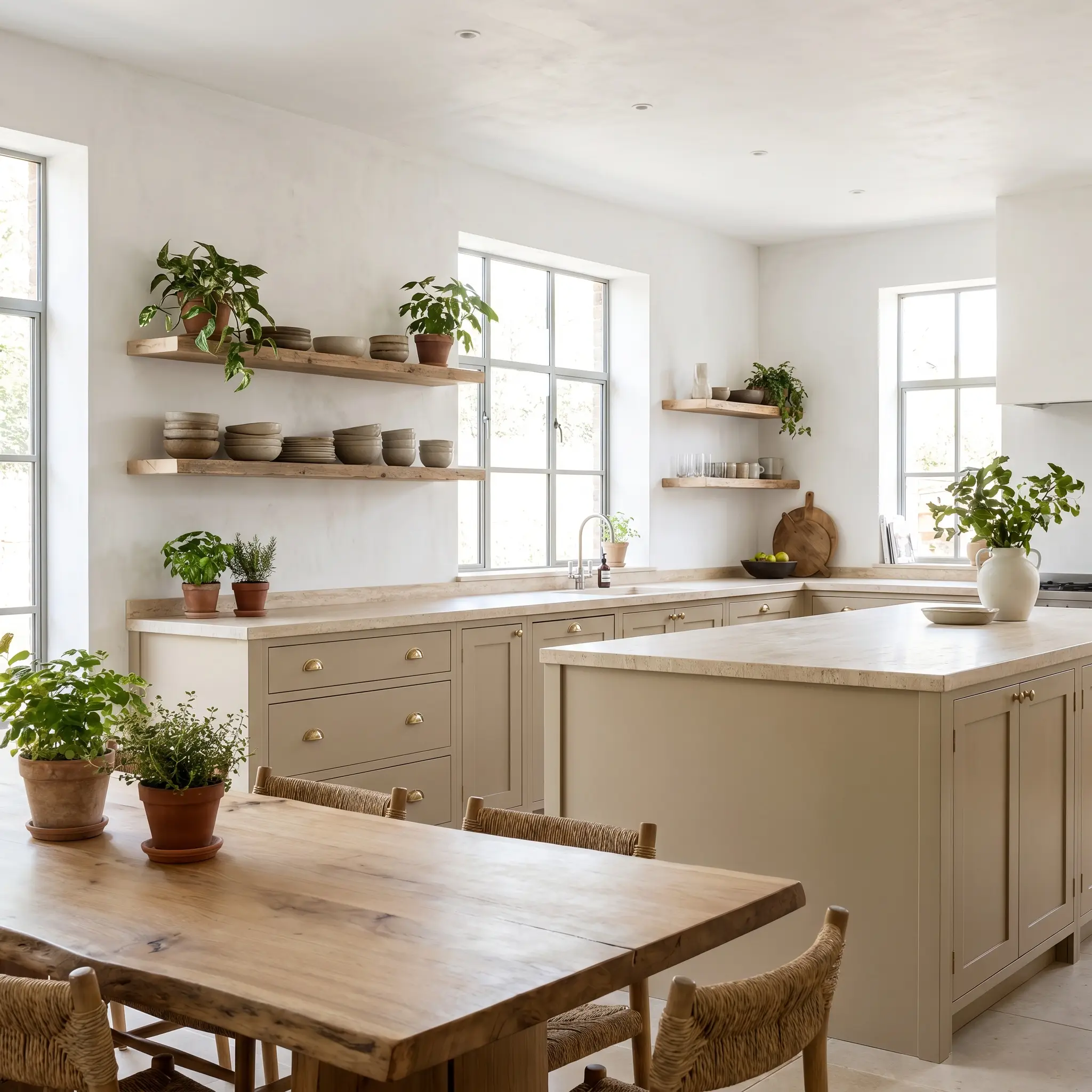 A stunning kitchen features lower cabinets and central island millwork painted in PPG Soft Suede (Hex #d8cbad), honed travertine countertops, and floating raw wood shelves.