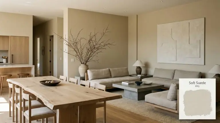 An open-concept living space painted in PPG Soft Suede (Hex #d8cbad) features a live-edge bleached oak dining table and washed linen sofas.
